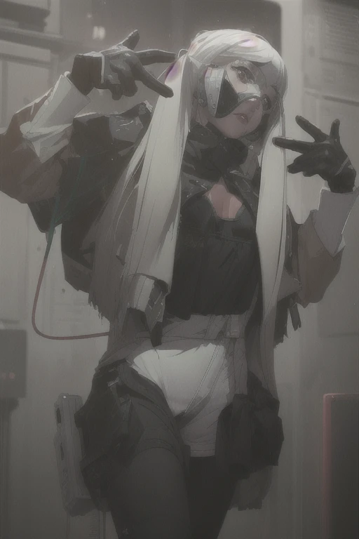 (highest quality、masterpiece:1.2) 1 woman, (Dark skinned woman), ((white tailored jacket, black shirt, short pants)), long hair, (light white hair), dark Eyes, (little glasses), sharp eye, (underboob), little earring, (off shoulder), collarbone, leather gloves, mouth mask, messy hair, fighting stance