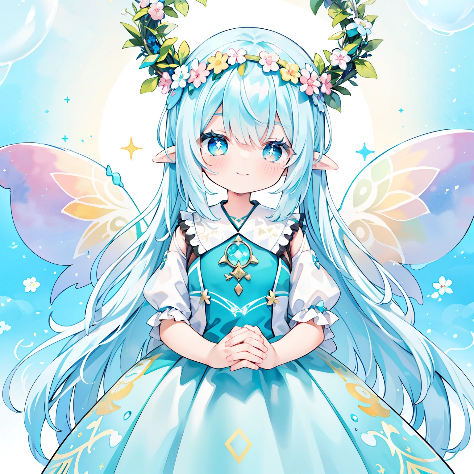 (PastelColors:1.3)、(Cute illustration:1.3)、(watercolor paiting:1.1)、highest quality, masterpiece, surreal, High resolution, very detailed, 8K, (one girl:1.3), cute, anime, clear white skin, beautiful fairy girl in tiered colorful gradient ballgown dress, gradient sparkling ,A dress with lots of frills、 queen of the fairies, Huge white fairy wings、 Flowers and colorful plants, beautiful, masterpiece, highest quality、gradient hair, light blue hair, floating hair, wavy hair, very long hair, Hair ribbon at the back of the head, pastel wreath on head, aqua eye, long eyelashes, pointed ears, light smile, bright pupils、hold hands as if praying