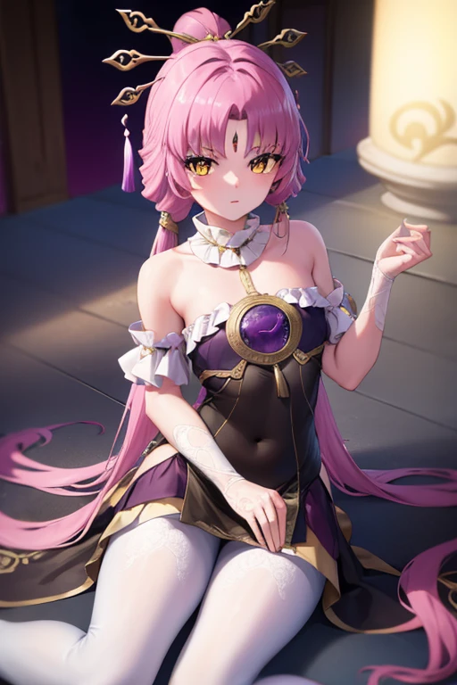 fuxuan, fu xuan, (yellow eyes:1.5), forehead jewel, hair ornament, hair stick, long hair, low twintails, parted bangs, pink hair, twintails,
BREAK bare shoulders, black dress, bridal gauntlets, detached collar, detached sleeves, dress, jewelry, neck ring, pantyhose, skirt, white pantyhose, white skirt,
BREAK looking at viewer, upper body, fully body,
BREAK outdoors,
BREAK (masterpiece:1.2), best quality, high resolution, unity 8k wallpaper, (illustration:0.8), (beautiful detailed eyes:1.6), extremely detailed face, perfect lighting, extremely detailed CG, (perfect hands, perfect anatomy),