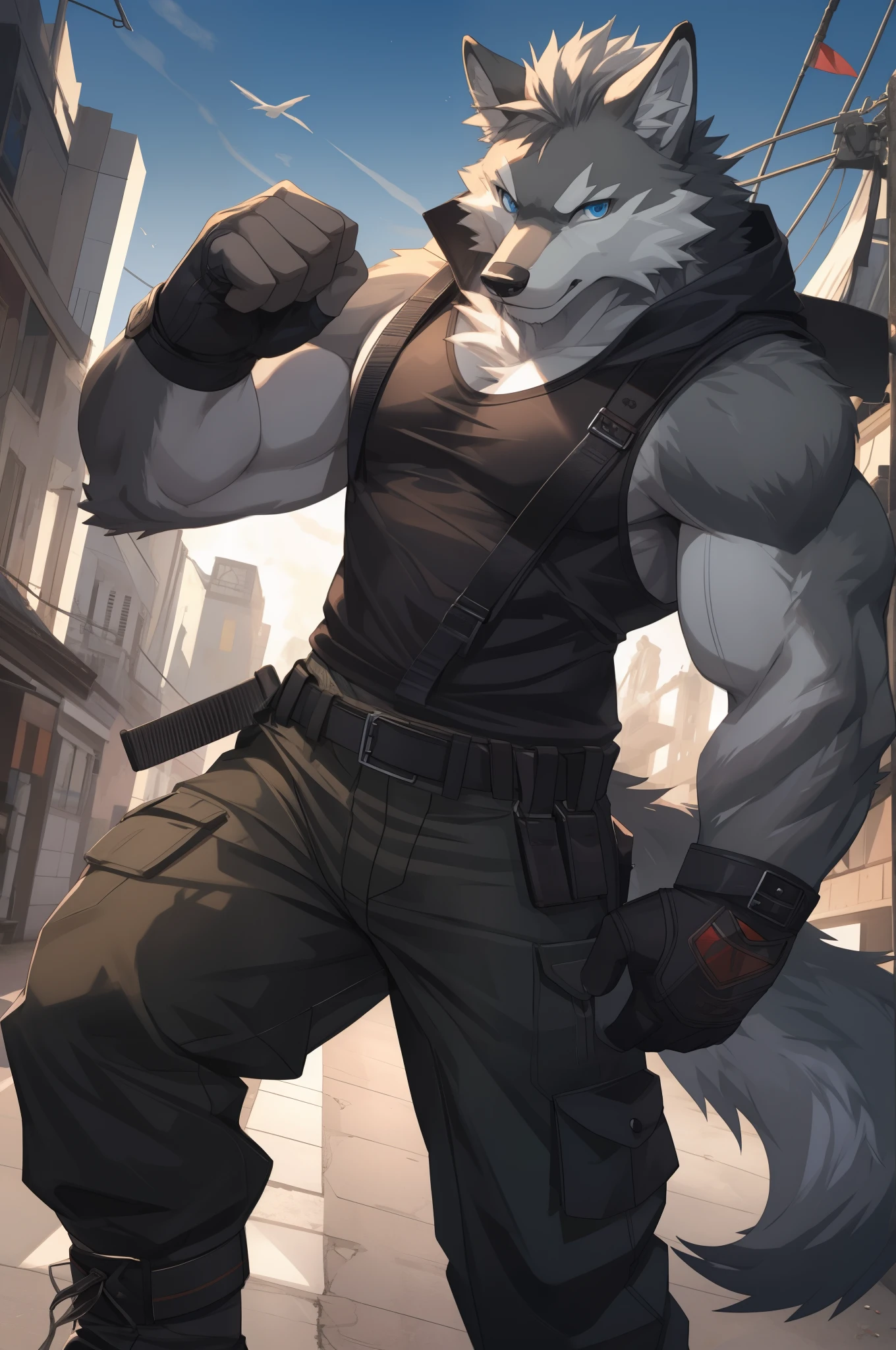 Best quality, masterpiec,ultra high res, furry, real shadow and light, 4K, Cool Pose, Furry Gray Wolf, Medium Strong Body, Blue Eyes, Grey Medium Hair, Combat Tank Top, Combat Gloves, Combat Pants, Fierce, Good looking