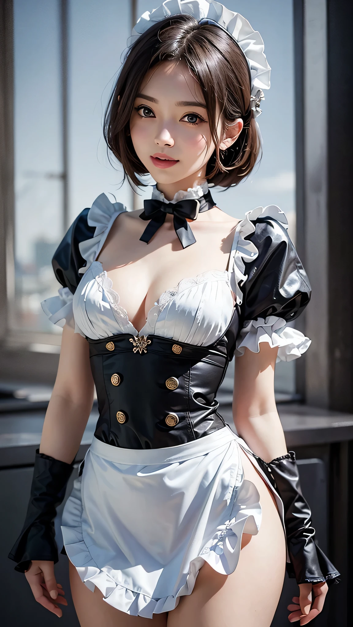 (Close-up:1.4)、(RAW shooting:1.2)、(photorealistic:1.4)、(masterpiece:1.3)、(highest quality:1.4)、solo、7 head and body、(slender and beautiful girl)、cute、(beautiful detailed eyes)、(charming big eyes)、(beautiful double eyelids)、(beautiful and detailed face)、(smile full of joy:1.3)、(Medium chest:1.2)、(cleavage)、(erect nipples:1.2)、(full body shot)、8K、(muste piece:1.2)、(pale blue hair、short bob:1.3)、(Bangs Patsun)、(headdress、white blouse、black ribbon、White Apron、ruffle skirt、puff sleeves、collar、choker、apron with fine ruffles:1.3)、black maid costume、(Sexy model pose with chest sticking out:1.3)、cowboy shot、view audience、(small butt)、(beautiful hands)、(beautiful thighs)、cute系、(perfect anatomy:1.2)、ancient city、