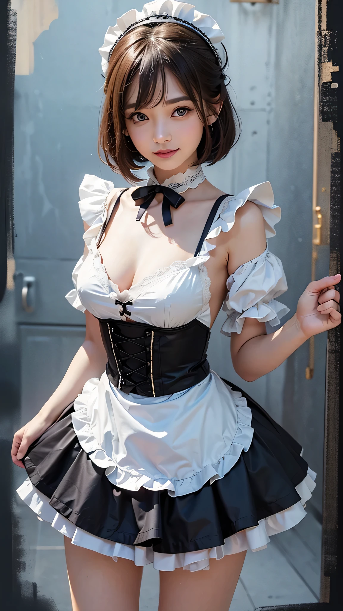 ((masterpiece)), ((highest quality、Ultra high definition)), (Very detailed),8K、Photo quality、(((Amazingly cute girl))), , (Beautiful emerald blue eyes), ((smile)),Glossy lips、In the open-air bath overlooking the sea, Beautifully arranged black hair in twin tails、Lace fabric ribbon、whole body、((Super high-end white see-through summer gothic lolita maid costA super mini skirt with lots of frills))、Professional Lighting、(White lace knee-highs)、(More detailed and beautiful)、(More details and cutenesore realistic)、