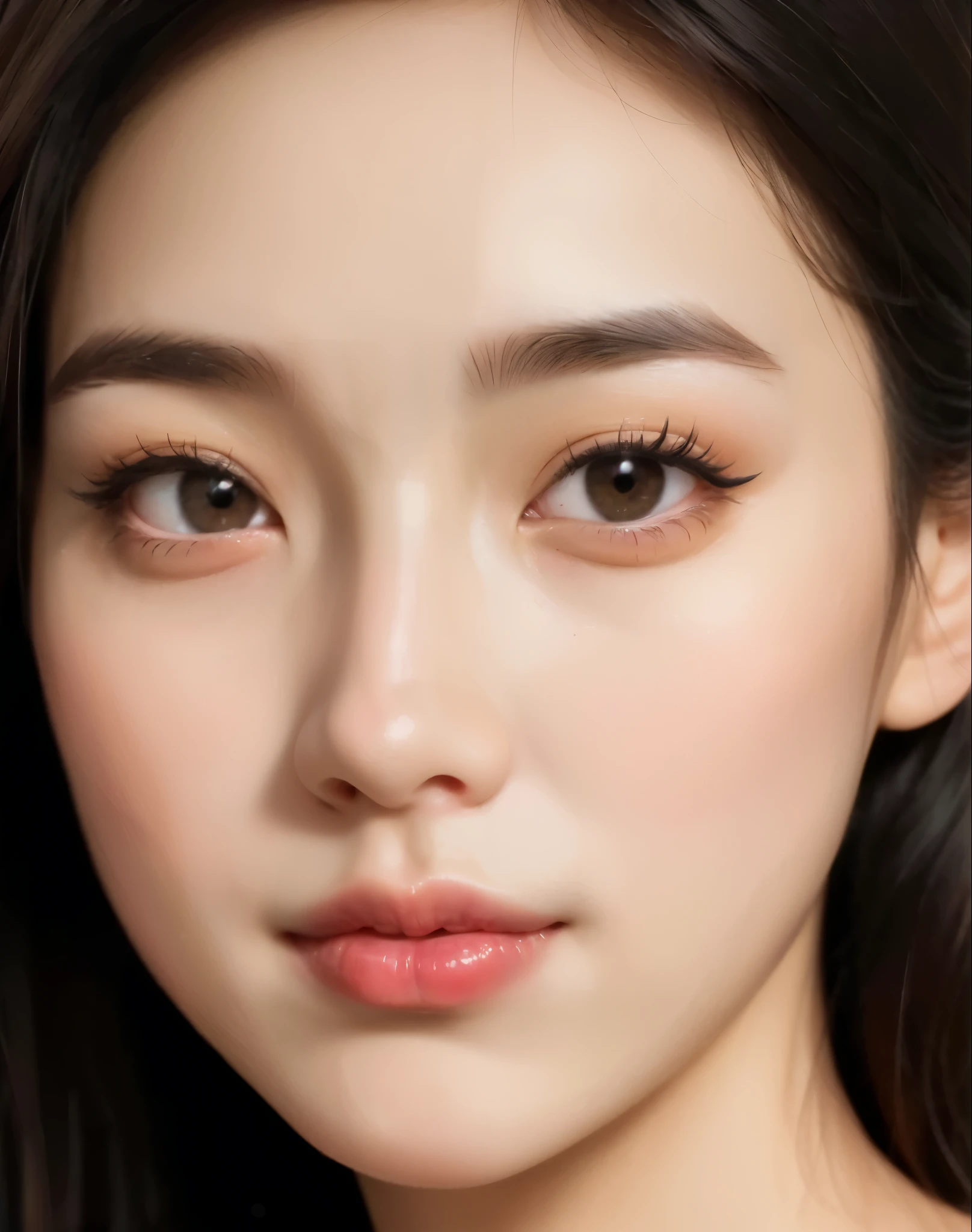 a close up of a woman with long hair and a pink lipstick, korean face features, young adorable korean face, wan adorable korean face, popular korean makeup, popular south korean makeup, photorealistic beautiful face, realistic beautiful face, hyperrealistic beautiful face, beautiful realistic face, hyperrealistic digital painting, cute round slanted eyes, korean symmetrical face, photorealistic digital painting