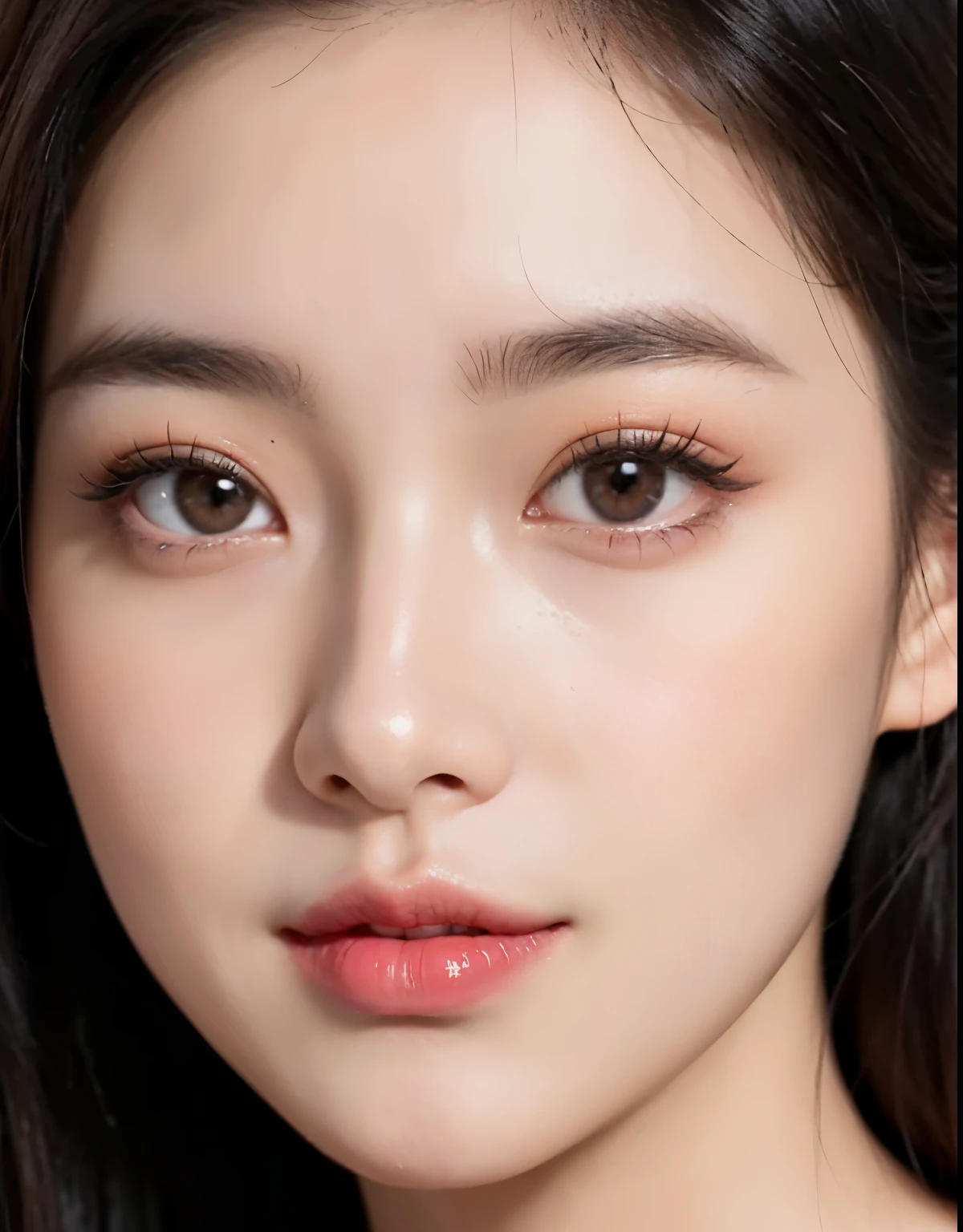 a close up of a woman with long hair and a pink lipstick, korean face features, young adorable korean face, wan adorable korean face, popular korean makeup, popular south korean makeup, photorealistic beautiful face, realistic beautiful face, hyperrealistic beautiful face, beautiful realistic face, hyperrealistic digital painting, cute round slanted eyes, korean symmetrical face, photorealistic digital painting