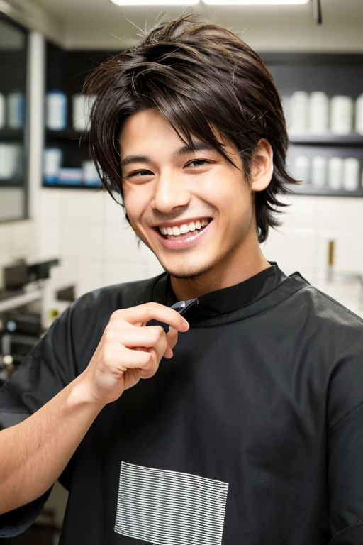male ID photo straight Japanese 25 years old soft mohawk hair Brown hairstyle dark skin laughing Manual Worker