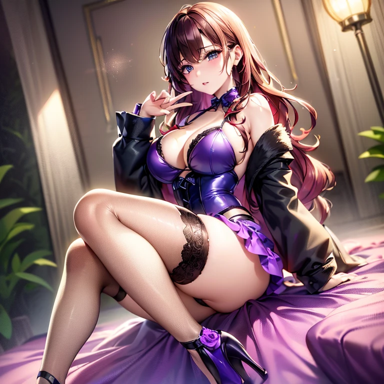 ((Raw photo、highest quality、High resolution、nffsw、highest quality、precision processing、Portrait、3D、pureerosface_v1:0.7、light particle filter on background、ray tracing、)、((( shiny dark purple corset、Dark purple BDSM outfit、Bold、１Girl of Man,Fishnet tights、)))((((red hair wavy hair、cleavage emphasis、big breasts:4.0、thin legs、blue eyes、Detailed depiction of limbs、small nose、attractive body、No sleeve、I&#39;m holding your hand、high heels、18-year-old、Very pretty girl、Number of fingers５Book、beautiful feet、足は2Book、Condescending to the audience、))))、lounge、