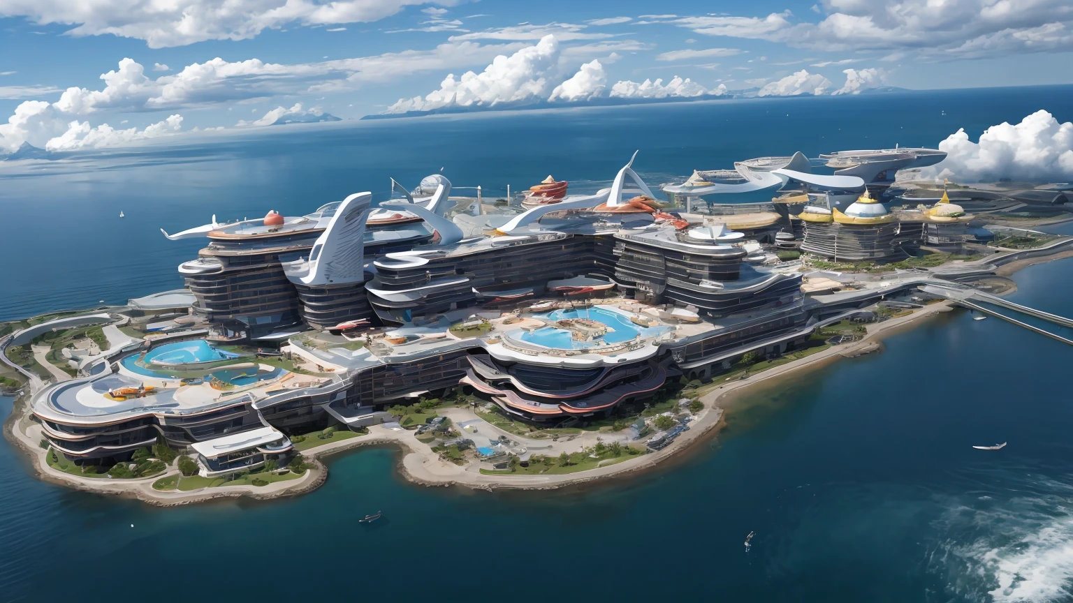 (shot from above, shot from far away), a floating luxury resort in the sky, clouds, futuristic, hotels, casino, and amusement park, contrast, vibrant