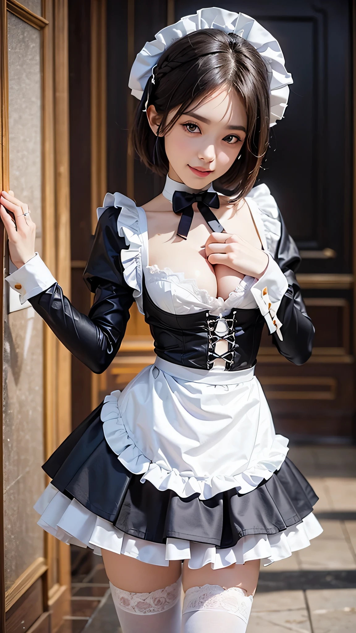 (Close-up:1.4)、(RAW shooting:1.2)、(photorealistic:1.4)、(masterpiece:1.3)、(highest quality:1.4)、solo、7 head and body、(slender and beautiful girl)、cute、(beautiful detailed eyes)、(charming big eyes)、(beautiful double eyelids)、(beautiful and detailed face)、(smile full of joy:1.3)、(Medium chest:1.2)、(cleavage)、(erect nipples:1.2)、(full body shot)、8K、(muste piece:1.2)、(pale blue hair、short bob:1.3)、(Bangs Patsun)、(headdress、white blouse、black ribbon、White Apron、ruffle skirt、puff sleeves、collar、choker、apron with fine ruffles:1.3)、White Knee High Socks、black maid costume、(Sexy model pose with chest sticking out:1.3)、cowboy shot、view audience、(small butt)、(beautiful hands)、(beautiful thighs)、cute系、(perfect anatomy:1.2)、ancient city、
