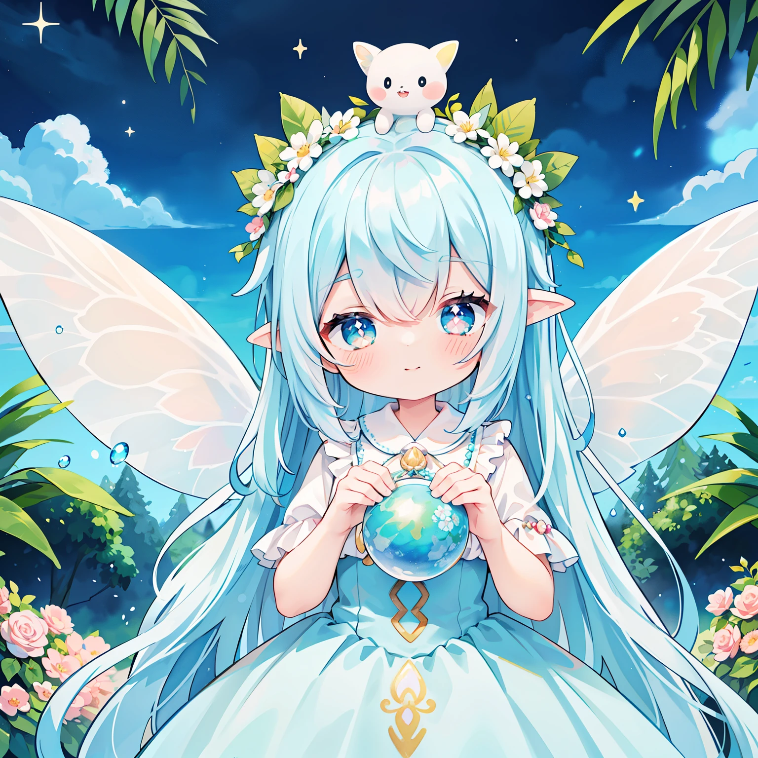 (PastelColors:1.3)、(Cute illustration:1.3)、(watercolor paiting:1.1)、highest quality, masterpiece, surreal, High resolution, very detailed, 8K, (one girl:1.3), cute, anime, clear white skin, beautiful fairy girl in tiered colorful gradient ballgown dress, gradient sparkling ,A dress with lots of frills、 queen of the fairies, Huge white fairy wings、 Flowers and colorful plants, beautiful, masterpiece, highest quality、gradient hair, light blue hair, floating hair, wavy hair, very long hair, Hair ribbon at the back of the head, pastel wreath on head, aqua eye, long eyelashes, pointed ears, light smile, bright pupils、bright light、magical forest、sky at night、Fairy Light、fairy magic、A gentle light drifts
