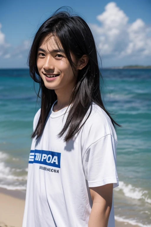 male ID photo straight Japanese 25 years old two block hair sunburn dark skin laughing surfer