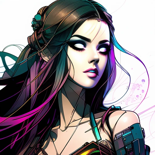 a close up of a woman with long hair and a purple and black dress, rossdraws 1. 0, cyberpunk art style, rossdraws 2. 0, rossdraws digital painting, striking detailed artstyle, rossdraws portrait, rossdraws cartoon vibrant, neoartcore and charlie bowater, cyberpunk art nouveau, charlie bowater art style, beautiful cyberpunk girl face