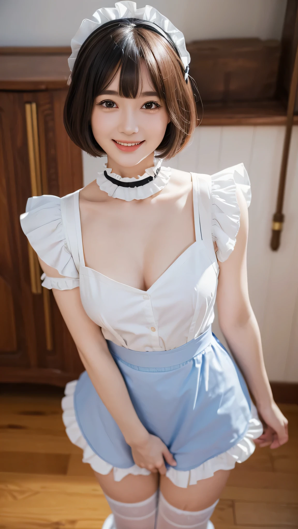 (Close-up:1.4)、(RAW shooting:1.2)、(photorealistic:1.4)、(masterpiece:1.3)、(highest quality:1.4)、solo、7 head and body、(slender and beautiful girl)、cute、(beautiful detailed eyes)、(charming big eyes)、(beautiful double eyelids)、(beautiful and detailed face)、(smile full of joy:1.3)、(Medium chest:1.2)、(cleavage)、(erect nipples:1.2)、(full body shot)、8K、(muste piece:1.2)、(pale blue hair、short bob:1.3)、(Bangs Patsun)、(headdress、white blouse、black ribbon、White Apron、ruffle skirt、puff sleeves、collar、choker、apron with fine ruffles：1.3)、White Knee High Socks、black maid costume、(Sexy model pose with chest sticking out:1.3)、cowboy shot、view audience、(small butt)、(beautiful hands)、(beautiful thighs)、cute系、(perfect anatomy:1.2)、ancient city、