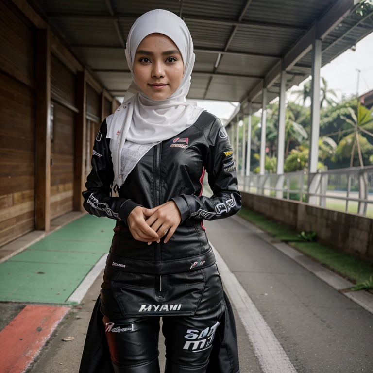seorang anak perempuan cantik berjilbab wajah indonesi sedang naik di atas motor GP Yamaha YZR-M1nomer 46 ,effek speed Di jalan dekat perbukitan pantai yang indah di lihat orang