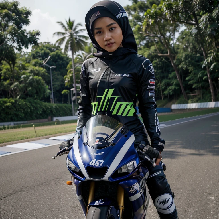seorang anak perempuan cantik berjilbab wajah indonesi sedang naik di atas motor GP Yamaha YZR-M1nomer 46 ,effek speed Di jalan dekat perbukitan pantai yang indah di lihat orang