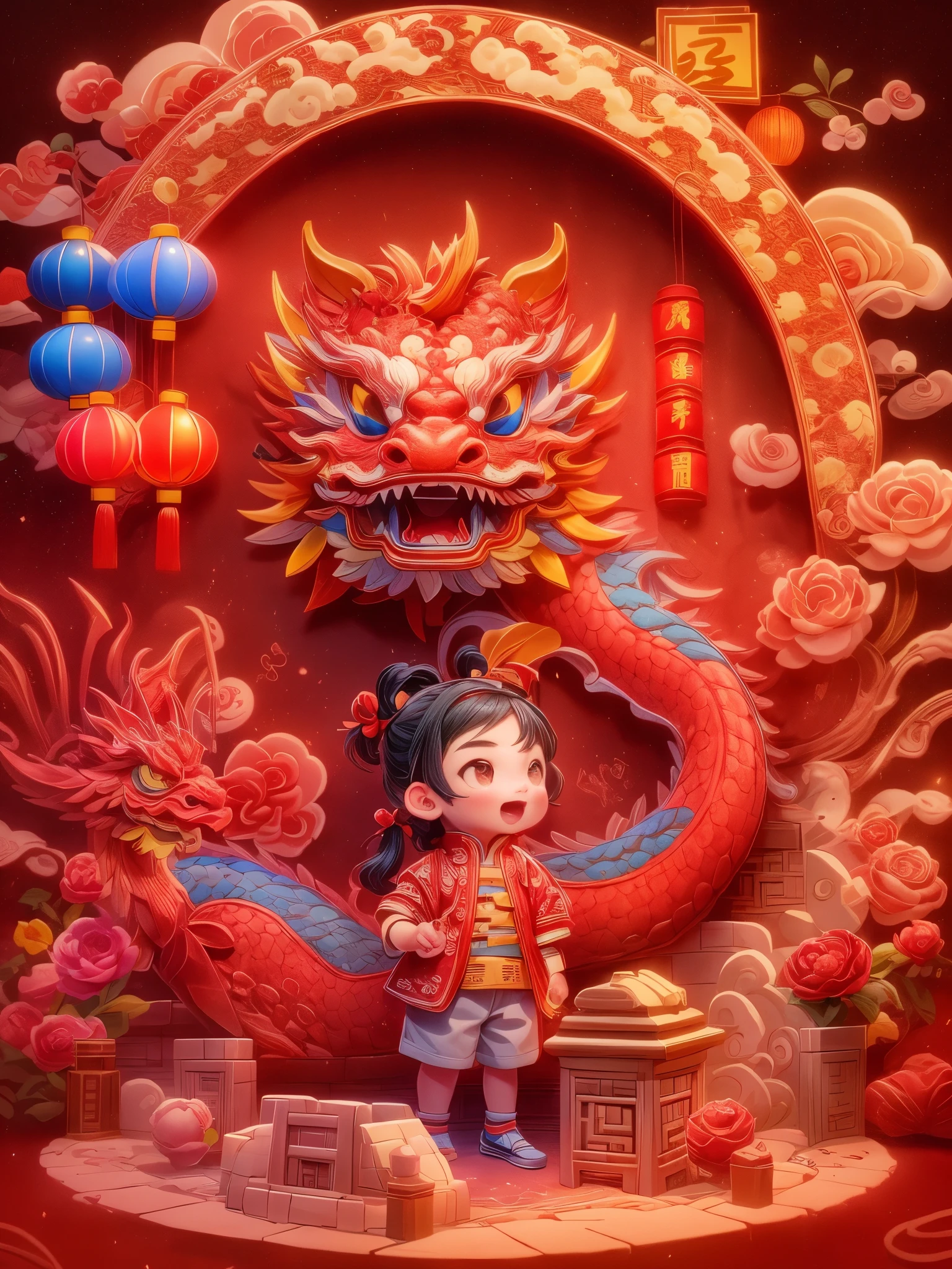 (Sandbox:1.4), cinematic angle, (1 cute  waving Chinese dragon shaped lantern, Chinese Spring Festival, festive, red background, clouds, flowers, fireworks, firecrackers, lanterns), (paper art, Quilted paper art, geomerty), (extremely colorful, Best quality, high detailed, Masterpiece, Cinematic Lighting, 4K, Chiaroscuro)