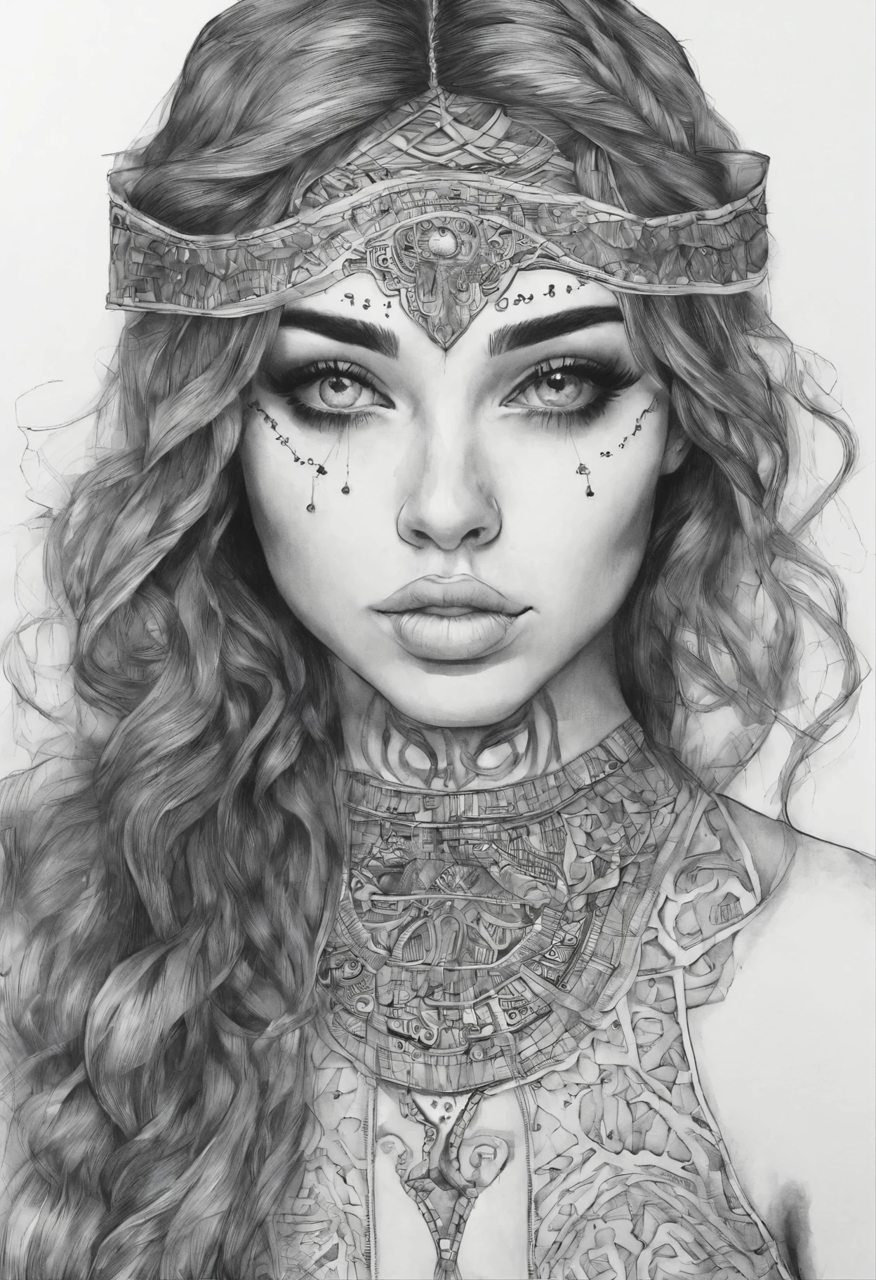 A delicate, graphite nude drawing showing the whole body of a naked babarian girl, dressed in babaric jewlery and accessories and babaric tattoos, her features rendered in subtle shading and precise lines. The framing is tight, focusing attention on the subject's serene face. Soft, feathery strokes convey the gentle texture of her hair, while the delicate curve of her neck is emphasized by the pencil's softness. The overall mood is contemplative, as if the woman is lost in thought.