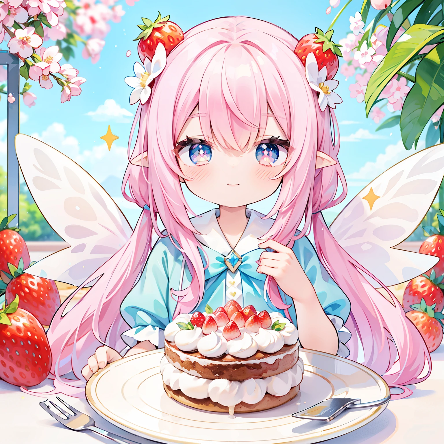 (PastelColors:1.3)、(Cute illustration:1.3)、(watercolor paiting:1.1)、highest quality, masterpiece, surreal, High resolution, very detailed, 8K, (one girl:1.3), cute, anime, clear white skin, cafe style room、blurry background,A little fairy is helping make a cake、beautiful fairy girl in tiered colorful gradient ballgown dress, highest quality,masterpiece,16K or 8K,Super detailed,gradient glitter ,Gradient color dress with lots of frills、 little fairy princess、 giant white fairy wings、 Flowers and colorful plants, beautiful, masterpiece, highest quality、gradient hair, Light pink hair, floating hair, wavy hair,fluffy hair、strawberry hair accessories、Lavender colored eyes, long eyelashes, beautiful eyes、pointed ears, light smile, bright pupils, , beautiful顔,digital illustration, masterpiece,highest quality,High resolution,Super detailed, masterpiece, highest quality、Shiny smile、natural makeup、Dress with strawberry cake motif、looks fun、floating in the air、Huge cake on a huge table in a cafe、A large whole cake decorated with strawberries and whipped cream、Holding a large strawberry and decorating it、