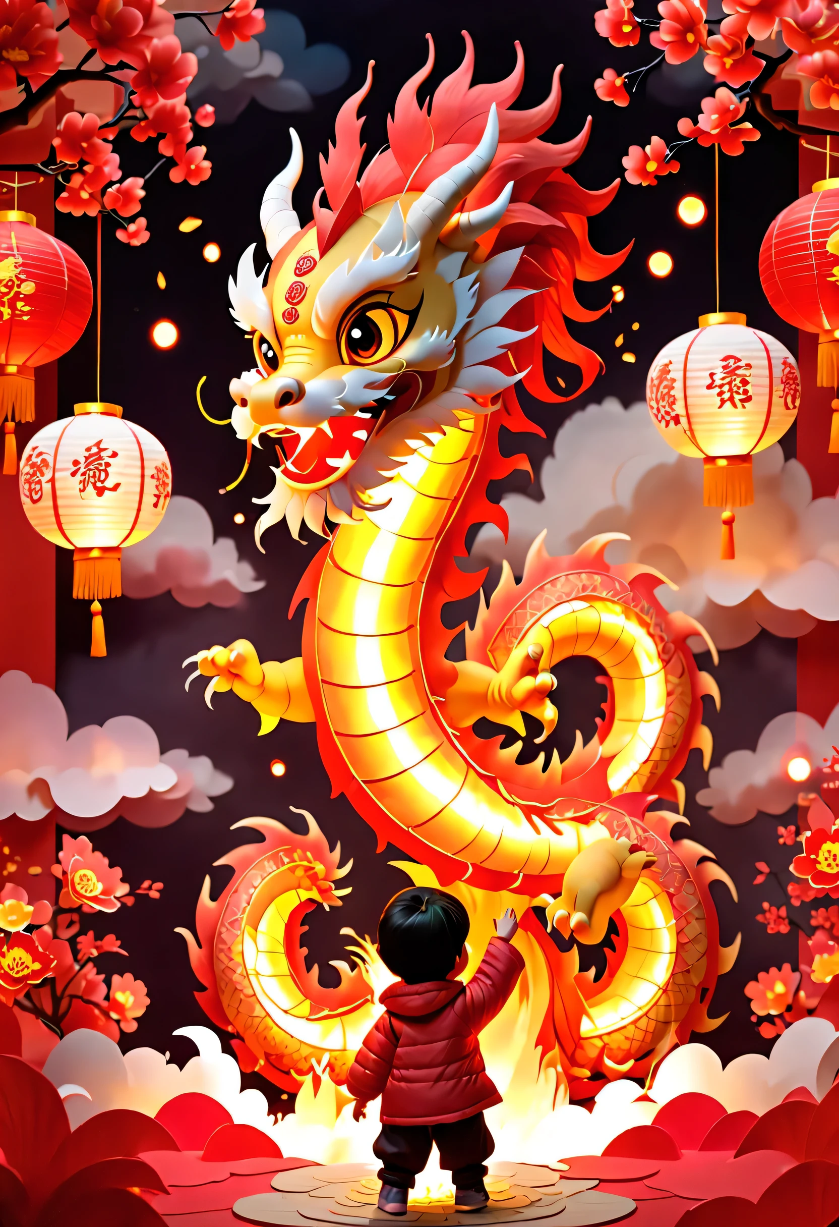 movie angle, (1个可爱的孩子挥舞着中国龙形状的lantern, Chinese New Year, festive, red background, cloud, flowers, fireworks, firecracker, lantern), (paper art, Quilted paper art, geometry), (extremely colorful, best quality, high detail, masterpiece, Cinema lighting, 4K, chiaroscuro)