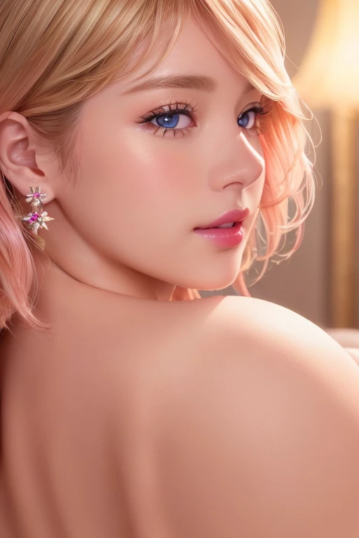 Close up. (RAW photo, best quality), (realistic, photo-realistic:1.3), best quality ,masterpiece, (cherrynobodysd15), ((big ass, large breasts)), (beautiful girl), pink lipstick, colorful makeup, long eyelashes, earrings, wearing eyeliner, fair skin, blonde hair,(cute), (detailed face), detailed eyes, detailed iris, 8k uhd, dslr, soft lighting, high quality, film grain, beautiful detailed eyes, beautiful detailed nose, vaginal detailed, realistic face, pink pussy, light smile, (highly detail face: 1.5), Fujifilm XT3, best quality, ultra-detailed, masterpiece, finely detail, highers, 8k wallpaper, pixie cut