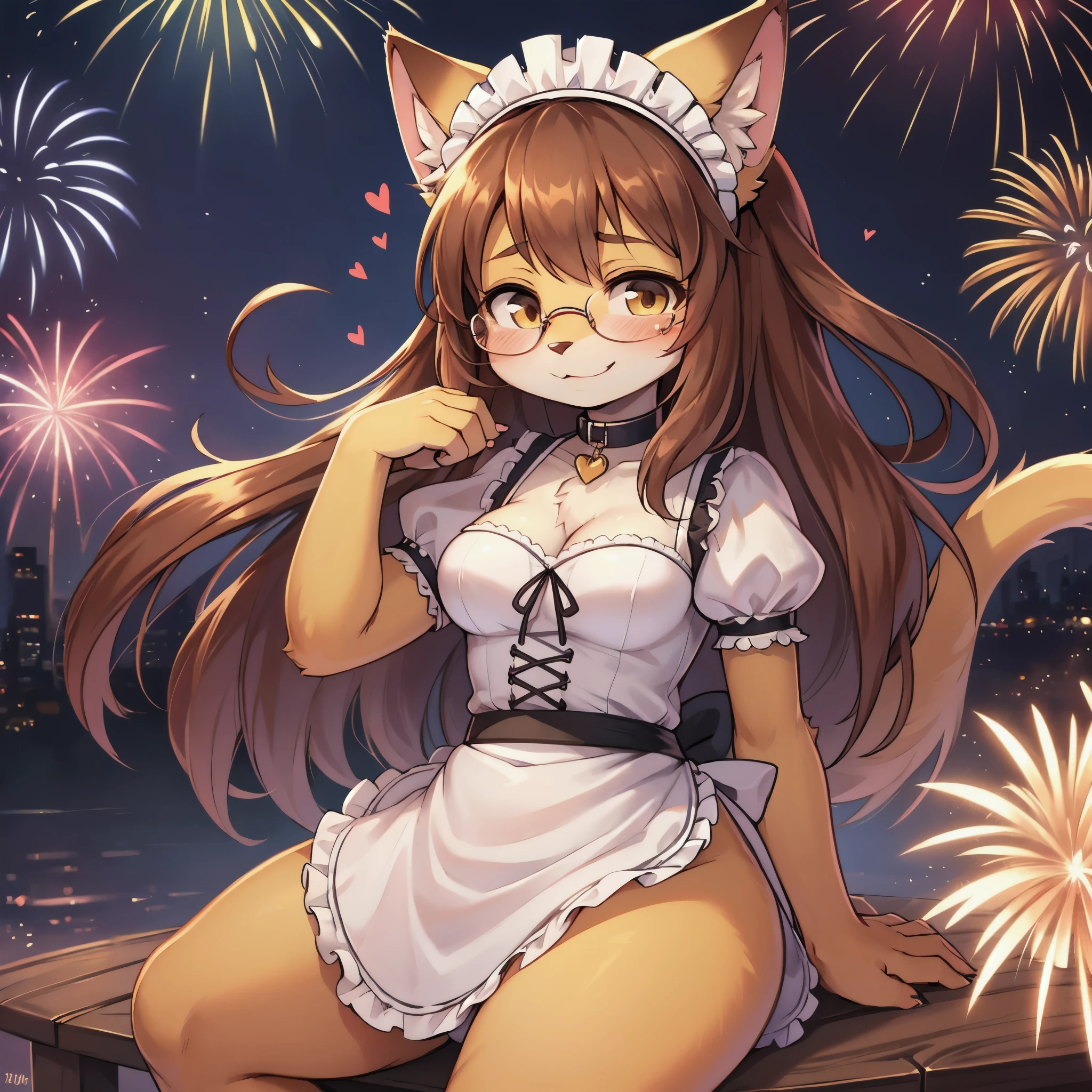 Cat girl,brown long hair,yellow fur,beam smile,glasses,blush,glue empty nameplate,maid outfit,heart collar,maid headdress,fireworks background,light and shadow,upper body