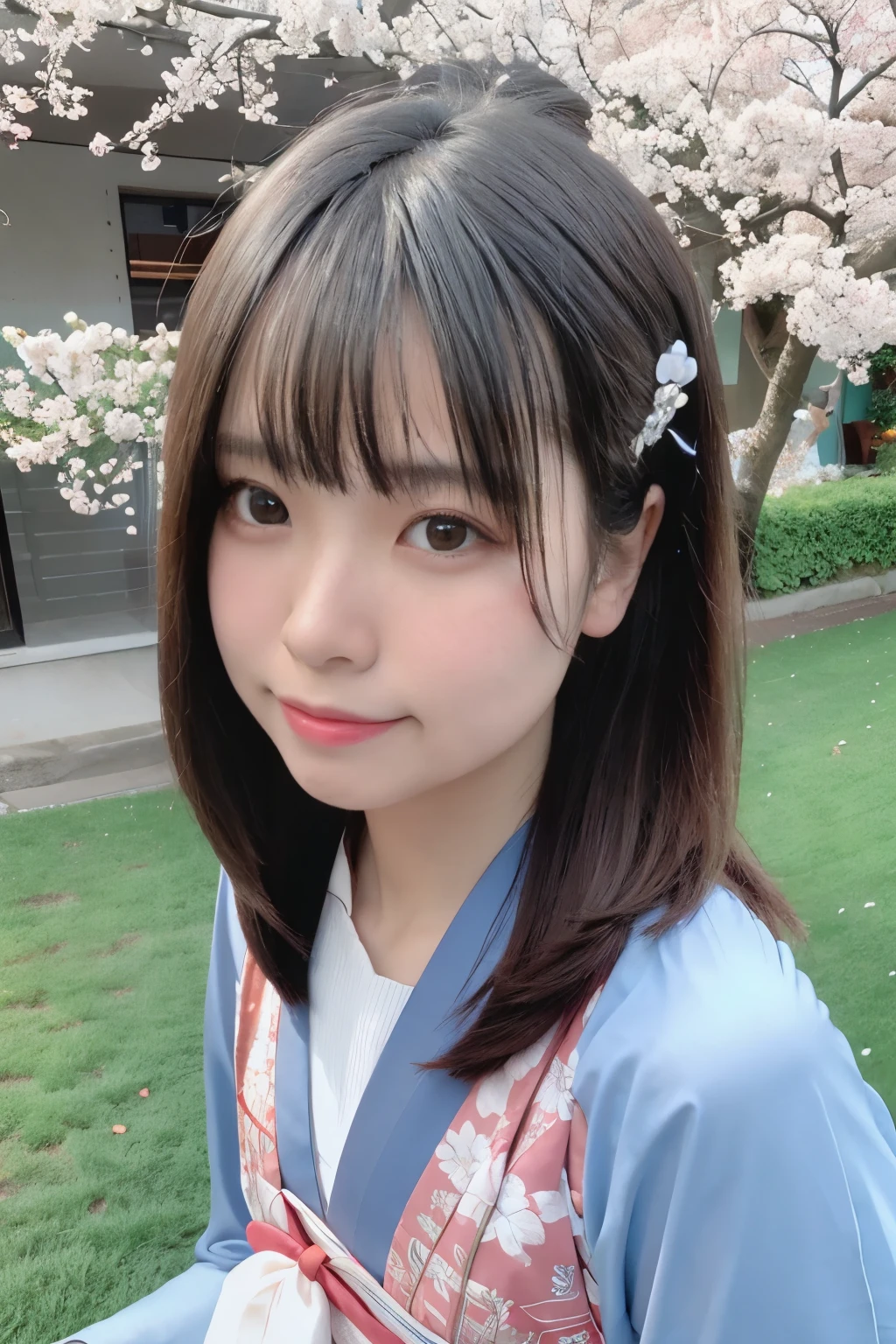 highest quality, ultra high resolution, (realistic:1.4),blush,cute,(detailed face),light smile,
looking at the viewer,
Upper body, kimono,
Sunny,river,(cherry blossoms),blue sky,