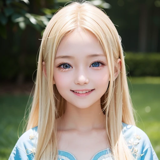 one very beautiful cute young girl、、((very happy smile ))、Embarrassed blush、Beautiful very long shiny blonde straight hair with golden shine、Shiny and very beautiful pure white skin、Very beautiful and cute pale blue detailed eyes、shiny skin、 Very beautiful cute face、Beautiful cute bright look、Clear double eyelids、beautiful cute big eyes、A perfectly balanced face