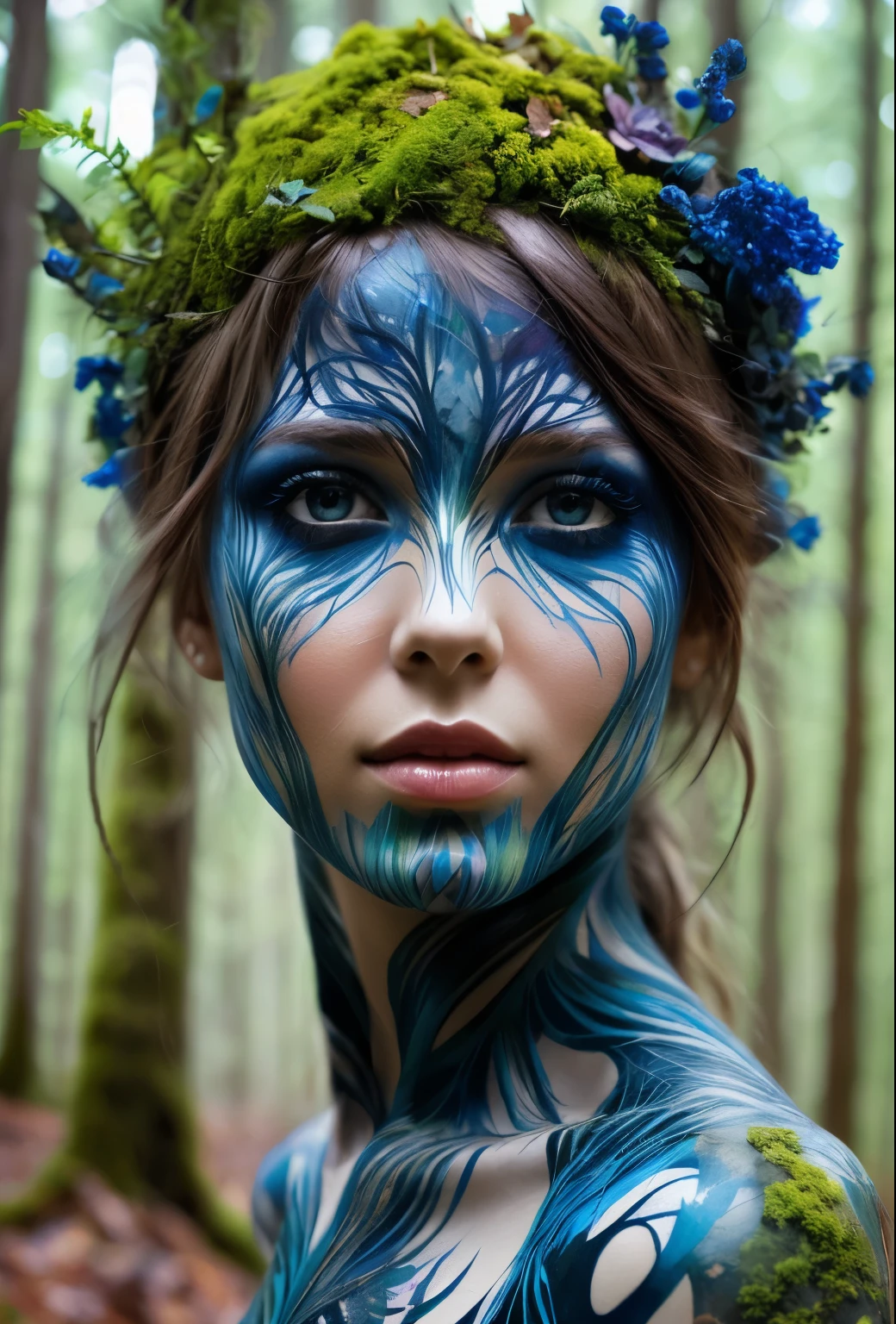 un primer plano de una mujer con pintura azul y una corona de flores, arte de cuerpo completo, arte de cuerpo completo, Pintura corporal profesional, Pintura de cuerpo entero, pintura corporal azul, diosa de la naturaleza, hadas del bosque, Enchanted by the spirit of nature, portrait of a dryad, Pintura de cuerpo entero, alma del bosque, diosa del bosque, pintura corporal, fantasy portrait, forest dryad