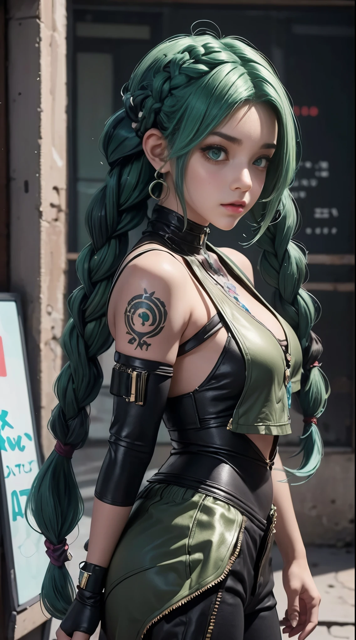 uma mulher com cabelo verde e tatuagens, mulher cyberpunk mulher anime, pants, Deusa cyberpunk raivosa bonita, estilo de arte cyberpunk, arte digital de anime cyberpunk, arte de anime cyberpunk, Arcane, Retrato, arte de anime cyberpunk, arte com tema cyberpunk, cyberpunk fantasia sombria, estilo arcano, 1 garota, stars tattoo on arm, asymmetrical bangs, franja, cabelo verde, green braids, camisa marrom, tatuagem de estrelas, lateralmente, cabelo verde, cabelo longo, olhos cor de rosa, Red lips, standing , tatuagem de nuvem, Twin braids. Jinx de arcano. Garota de cabelo verde, garota de Twin braids, uma garota em um lugar em chamas, spark, esferas de luz, Film Poster, Arcane\(Liga das Lendas\