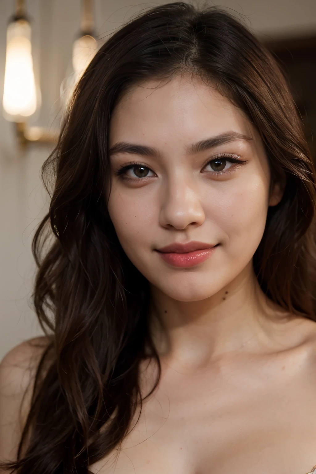 ((best quality)), ((masterpiece)), (detailed), perfect face, 24 year most beautiful, asian model , wide smiling,  light lipstick, deep  beautiful eyes , close up,  fair skin, long open hairs, realistic, 4k 