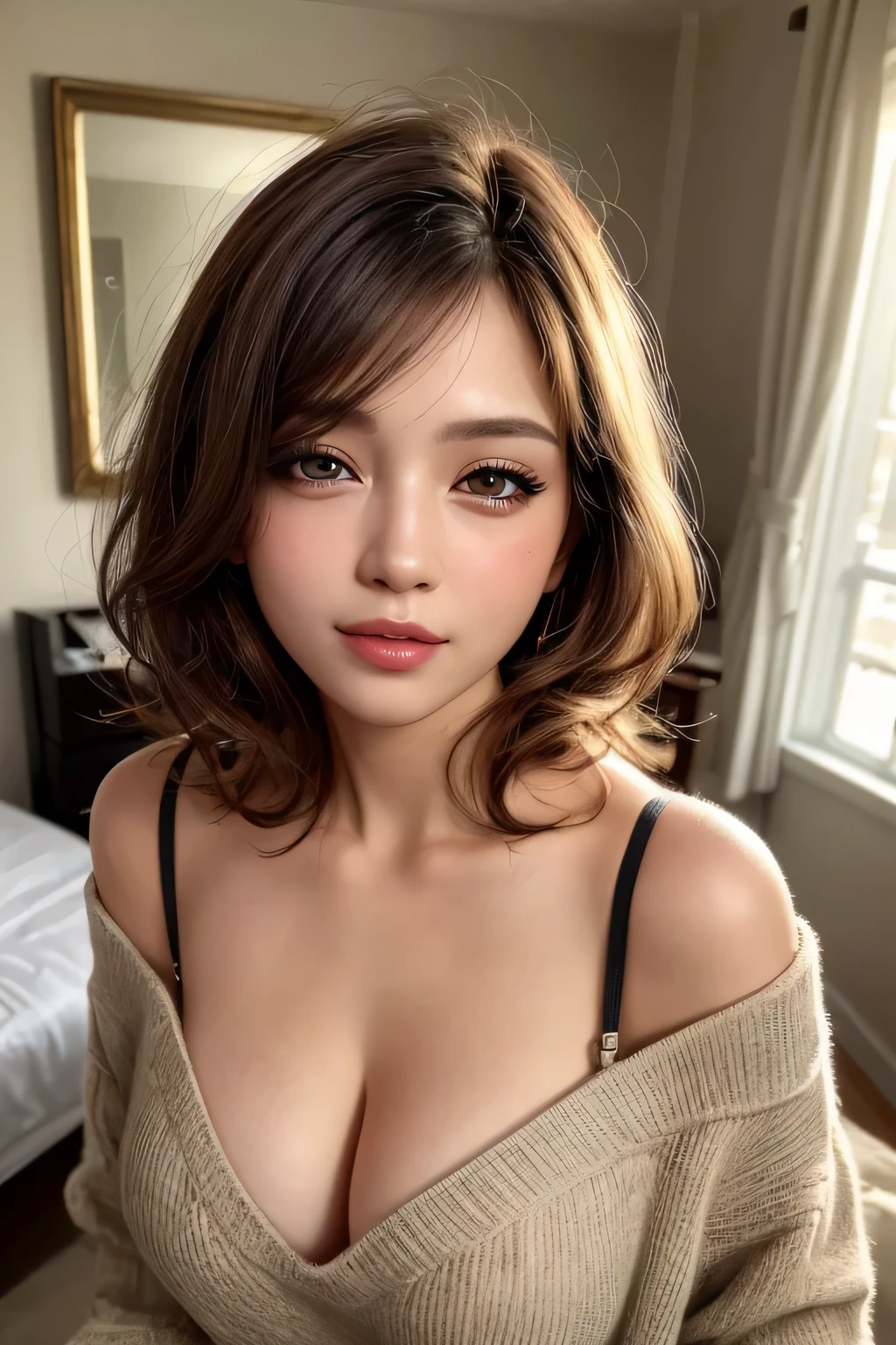 ((realistic light, highest quality, 8K, masterpiece: 1.3)), 1 girl, Beautiful ripe years, Brunette Bob, (big breasts), off shoulder cut top: 1.3, highly detailed face, fine eyes, double eyelid, smile, cleavage, saggy breasts, (my room), morning、that'It's hot when your hair is messy