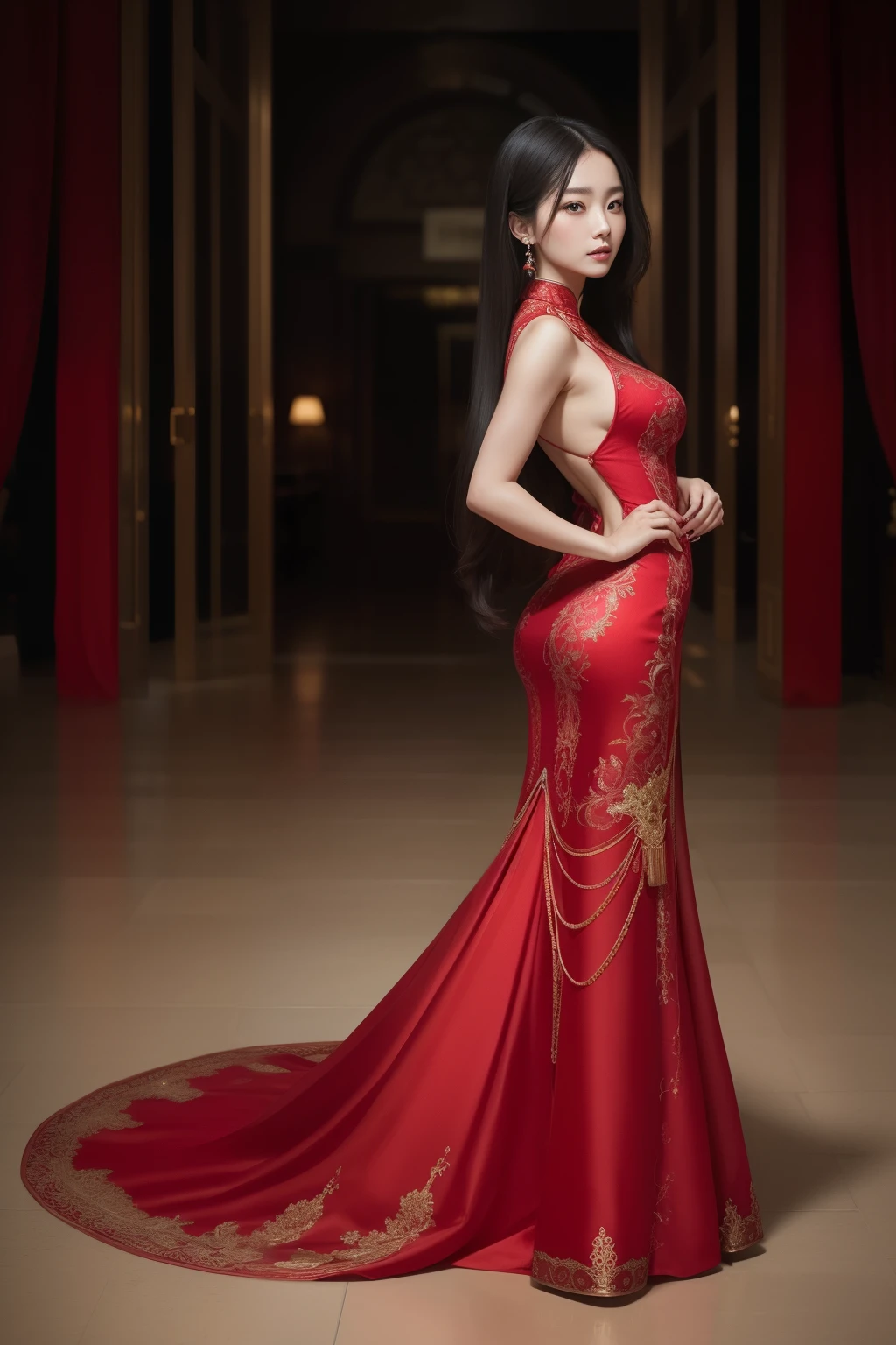 A Chinese woman, clad in a vibrant red dress that hugs her curves, long black hair cascading down her back, heels clicking on the ground, is depicted in this high definition, large-scale image. The intricately detailed fabric of her dress shimmers under the lights, her long hair swaying gently with each step she takes. The image is captured in exquisite detail, every wrinkle on the fabric, every strand of her hair appearing lifelike and lifelike. The woman's expressive eyes add an alluring charm to the photograph, making it a masterpiece of top-quality, high definition visual art.