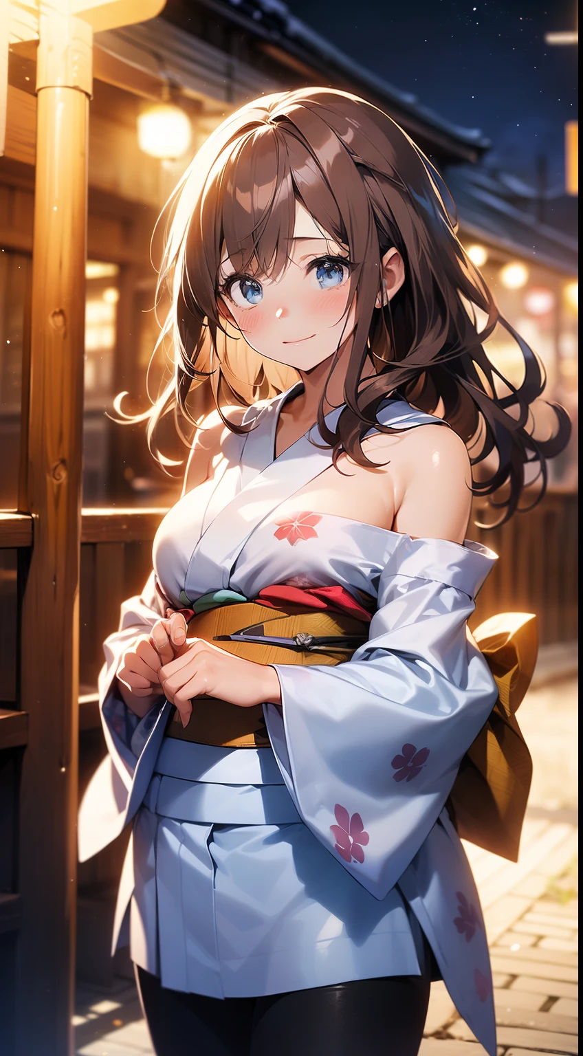 ((masterpiece, best quality, high resolution, ultra high definition, Pixel perfect, depth of field, 4K, RTX, human development report))), 1girl in, single, alone, Beauty、see whole body、 ((long hair, Short Liuhai, reddish brown hair)), ((blue eyes, beautiful eyelashes, realistic eyes)), ((Detailed face, blush:1.2)), ((smooth texture:0.75, lifelike质感:0.65, lifelike:1.1, Anime CG style)), medium breasts, Perfect body, (( Japanese Yukata, bare shoulders ,Black tights)), Smile, Sideways posture, (wind blows hair,bare shoulders、exposing her chest、Black tights) , night ,snow , Hot springs