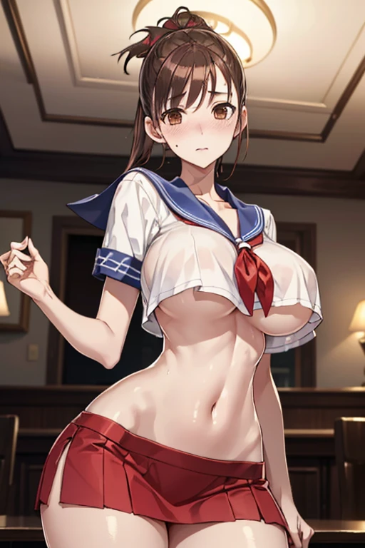(8k, RAW photo, best quality, masterpiece, soft cinematic lighting, soft color:1.4),(ceiling, iook at camera,under focus:1.5), (realistic), (indoor background), (solo, mature woman,19years old:1.3), (sailor uniform,underboob,low-cut miniskirt :1.3), (embarrassed,red Cheeks:1.2), party chignon bronze color hair, clean skin, (smaller butt:0.9),(huge long wide heavy breasts:1.3), (thick, curvy:1.3),(very skinny:1.3)