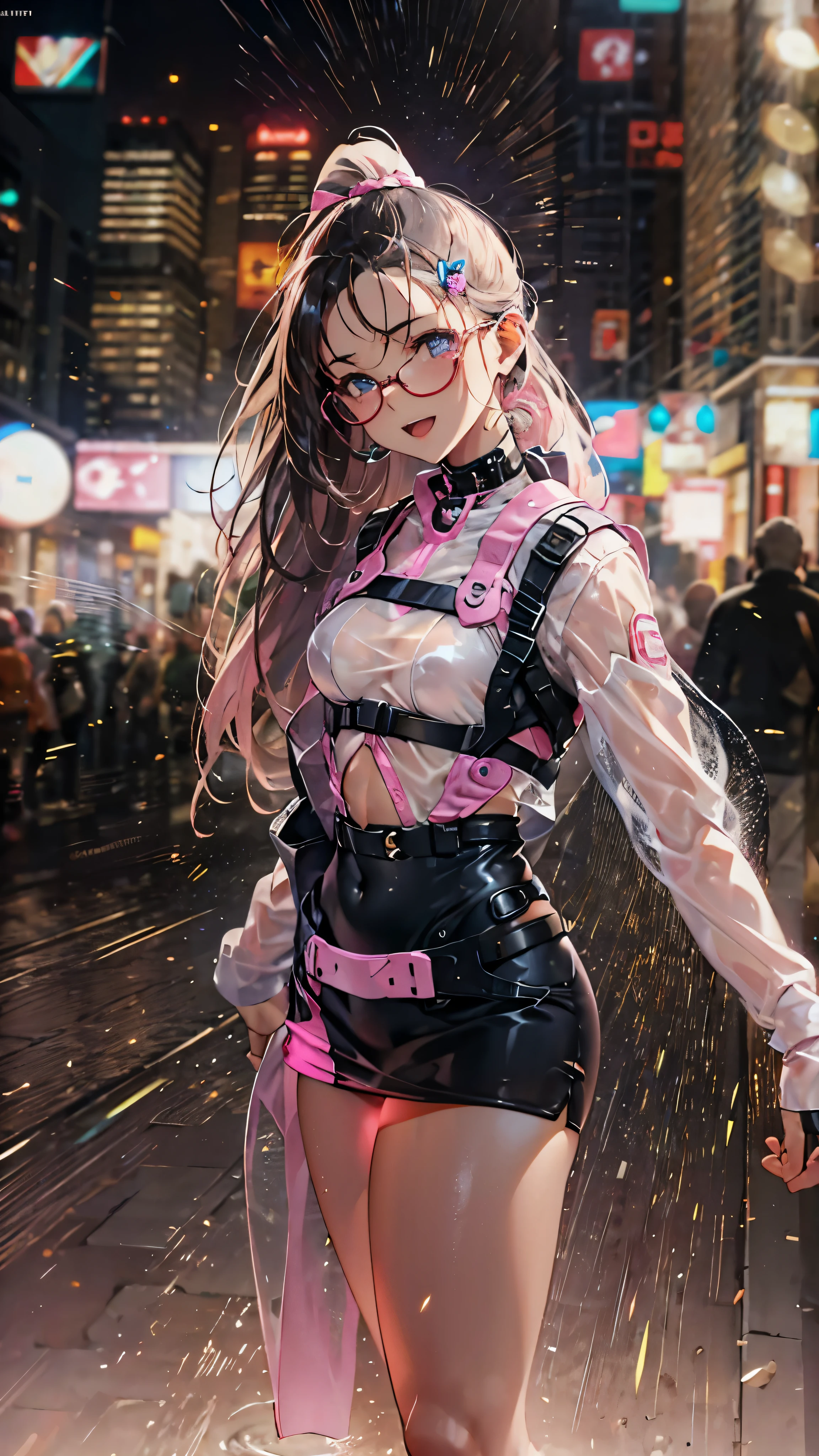 woman,14 years old,,city,night,(((white and pink tight miniskirt bodysuit))),,open mouth smile((See-through))Glasses,((Beautiful long ponytail)),((baby girl body shape))