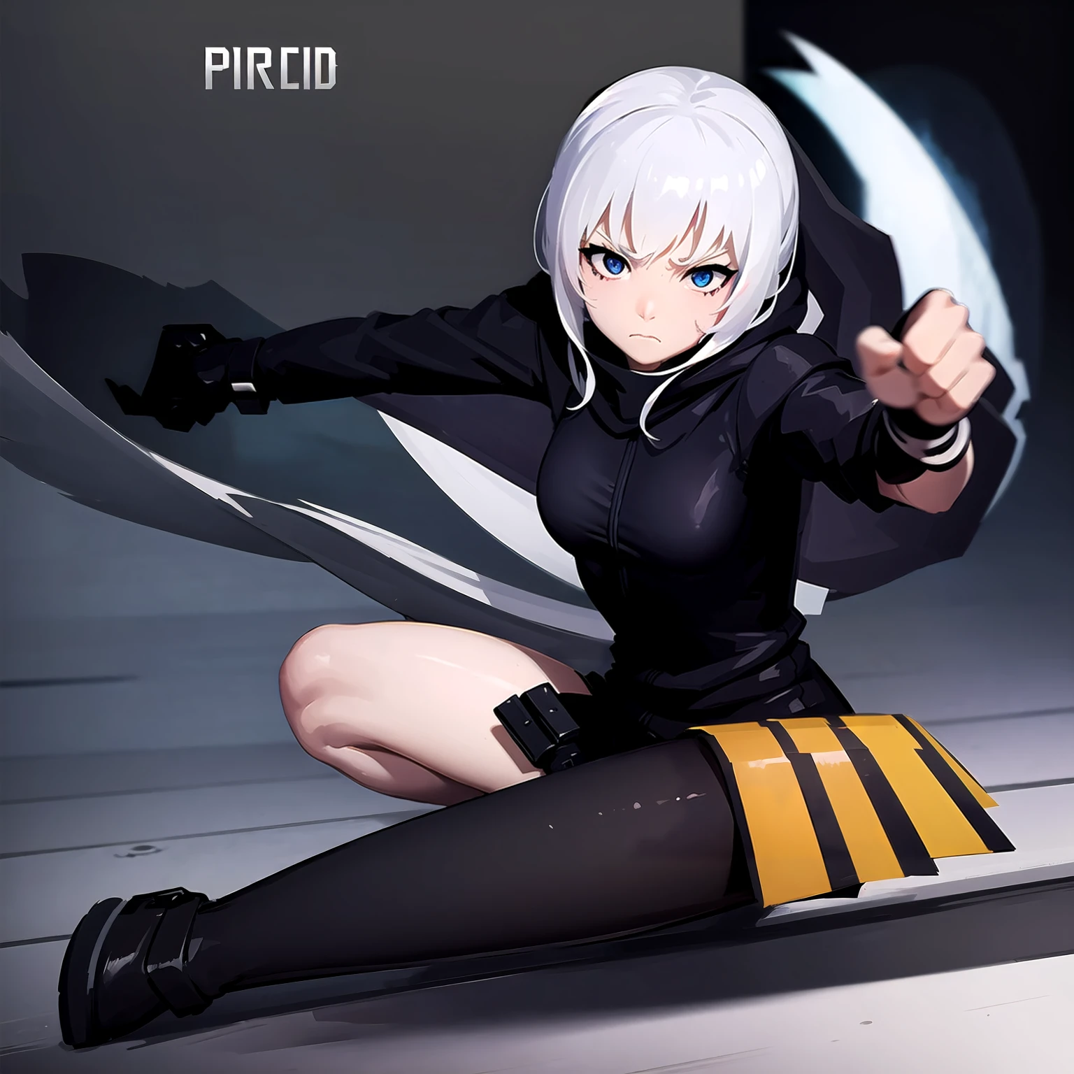 Fighting girl, epic, with particles, HD, 8k, white hair, with black cape, line marks on the face, serious face, closed mouth, casual pose, hands in Bruce Lee position, tactical pants, black hood, black lines under eyes, black polar diver, eyes with marked rings, detailed face, blood on the lips, full body,