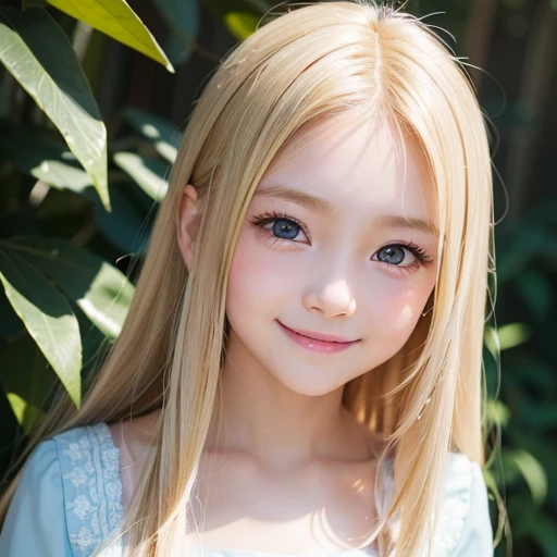 one very beautiful cute young girl、10 years old、((very happy smile ))、Embarrassed blush、Beautiful very long shiny blonde straight hair with golden shine、Shiny and very beautiful pure white skin、Very beautiful and cute pale blue detailed eyes、shiny skin、 Very beautiful cute face、Beautiful cute bright look、Clear double eyelids、beautiful cute big eyes、A perfectly balanced face