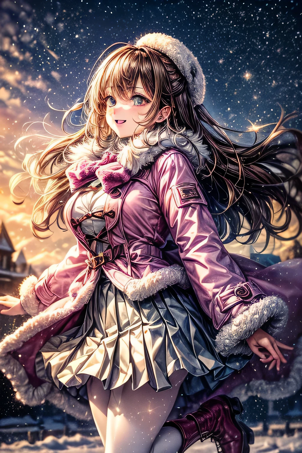 ((worst quality, low-quality)), ((a closeup)), (girl with:1.2), (big breasts), (A dark-haired, short-cut:1.3), (Dynamic Pose:1.2),plump shiny lips, Beautiful clear eyes, (The best smile), Spoken Heart, (perfect hand:1.2), (pink and white theme:1.4), (Wearing a (long sleeve pink coat with fur color) over a white high neck blouse:1.4), (fur cuffs:1.3), (double pillar button:1.3), (pocketless:1.4), (plain ivory-white pantyhose:1.4), (pink heeled boots with lace-up:1.2), (shopping), (translated to snowy cityscape background), ((Shining sunlight)), (light Particle, light glow, llight rays:1.4),(wine-red pleated skirt:1.3),low angle shot, masutepiece,Best Quality,ultra-detailliert, masterpiece,