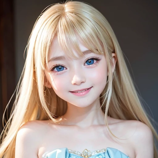 one very beautiful cute young girl、10 years old、((very happy smile ))、Embarrassed blush、Beautiful very long shiny blonde straight hair with golden shine、Shiny and very beautiful pure white skin、Very beautiful and cute pale blue detailed eyes、shiny skin、 Very beautiful cute face、Beautiful cute bright look、Clear double eyelids、beautiful cute big eyes、A perfectly balanced face