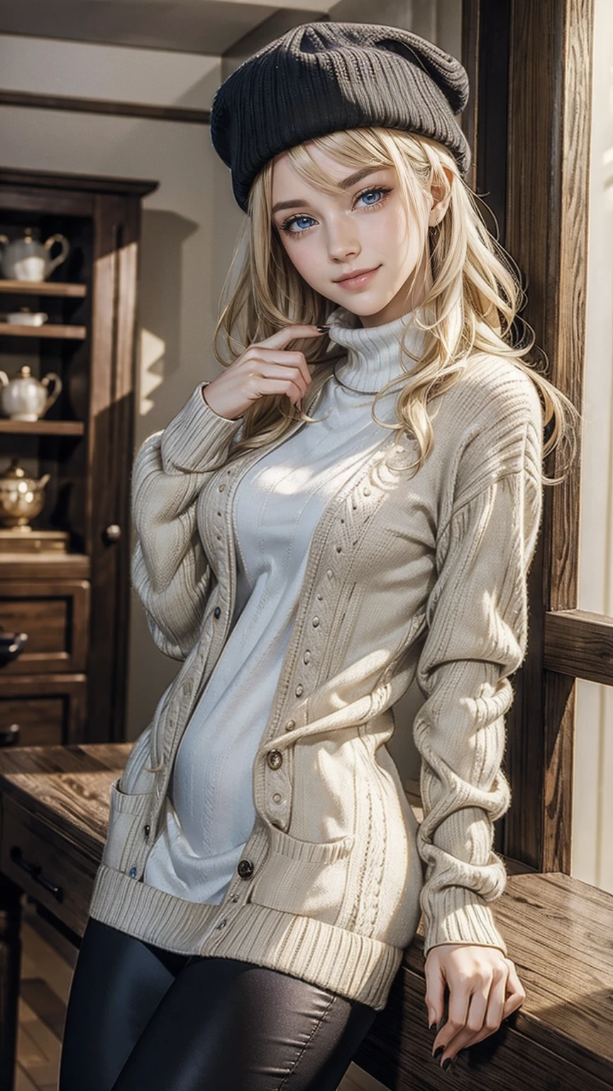 (highest quality, High resolution, masterpiece :1.3), 25-year-old Caucasian woman、platinum blonde、blue eyes、semi-long、my hair is wavy、smile、Slender but well-proportioned muscular body、I don&#39;t want my head to disappear from the screen.、wearing red nail polish、wearing a high neck sweater dress、wearing a cardigan、I&#39;m wearing leggings、wearing mules、wearing a woolen hat、smile