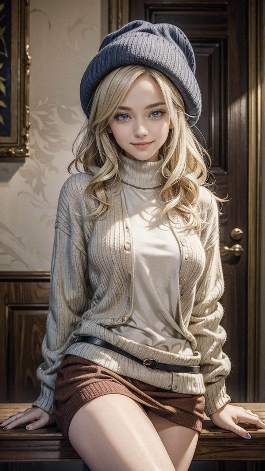 (highest quality, High resolution, masterpiece :1.3), 25-year-old Caucasian woman、platinum blonde、blue eyes、semi-long、my hair is wavy、smile、Slender but well-proportioned muscular body、I don&#39;t want my head to disappear from the screen.、wearing red nail polish、wearing a high neck sweater dress、wearing a cardigan、I&#39;m wearing leggings、wearing mules、wearing a woolen hat、smile