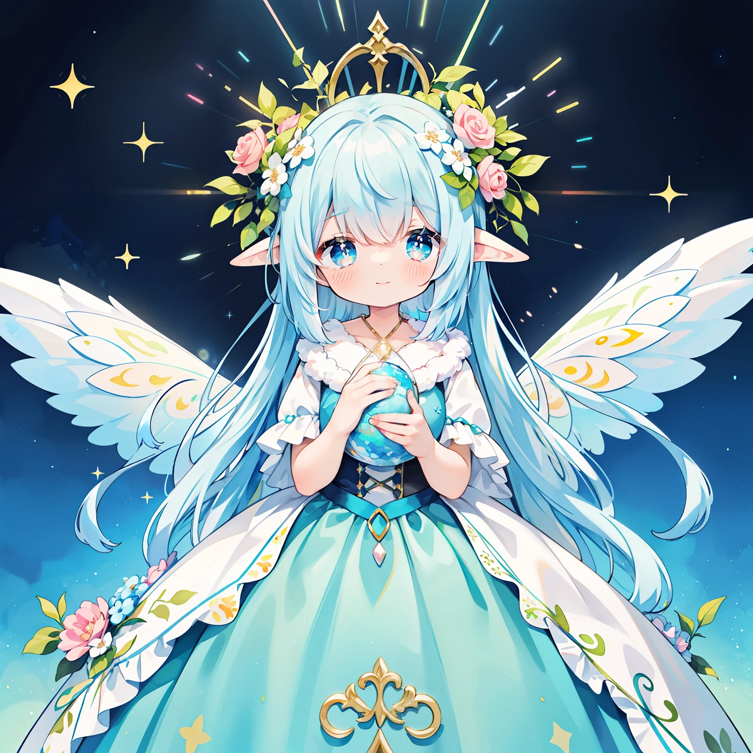 (PastelColors:1.3)、(Cute illustration:1.3)、(watercolor paiting:1.1)、highest quality, masterpiece, surreal, High resolution, very detailed, 8K, (one girl:1.3), cute, anime, clear white skin, beautiful fairy girl in tiered colorful gradient ballgown dress, gradient sparkling ,A dress with lots of frills、 queen of the fairies, Huge white fairy wings、 Flowers and colorful plants, beautiful, masterpiece, highest quality、gradient hair, light blue hair, floating hair, wavy hair,fluffy hair、 very long hair, Hair ribbon at the back of the head, pastel wreath on head,clear light blue eyes, long eyelashes, pointed ears, light smile, bright pupils, ((Sparkling fluffy layered ball gown)), (Magic, Whimsical), Long flowing colorful hair, colorful fantasia background, disney art style, There's a glowing aura around her, beautiful digital illustration, Fantasia otherworldly landscape plants flowers, beautiful, masterpiece, highest quality、corolla、chaplet