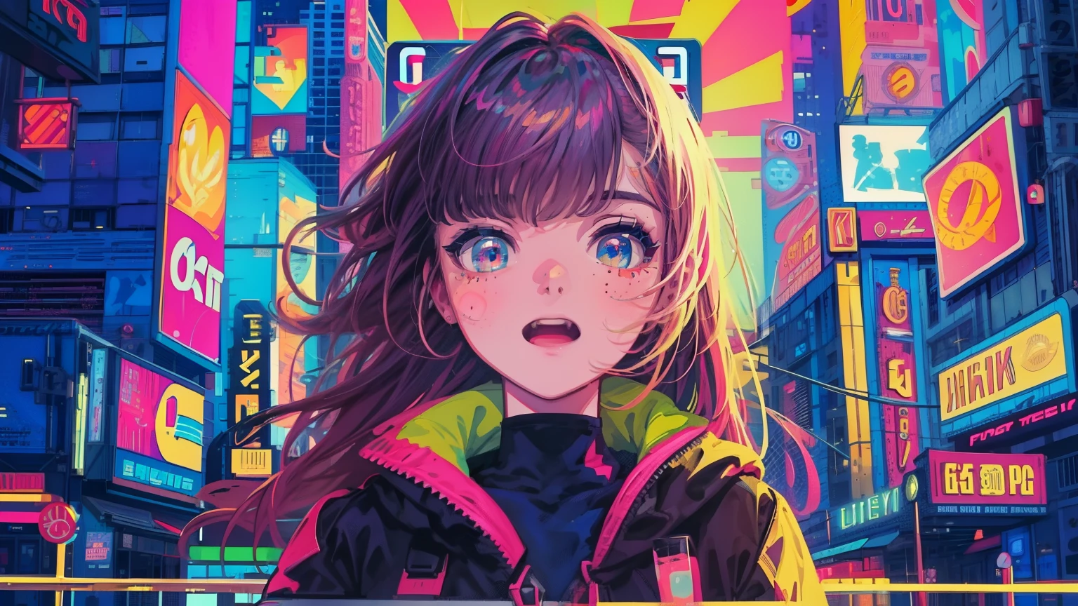 best quality, 4K wallpaper, masterpiece, extremely detailed CG unity 8k wallpaper, extremely detailed eyes, ultra-detailed, intricate details, face close up 1 happy girl in center, "no hand" retro art style, neon_pop art style, public, outdoors, road sign, city, people