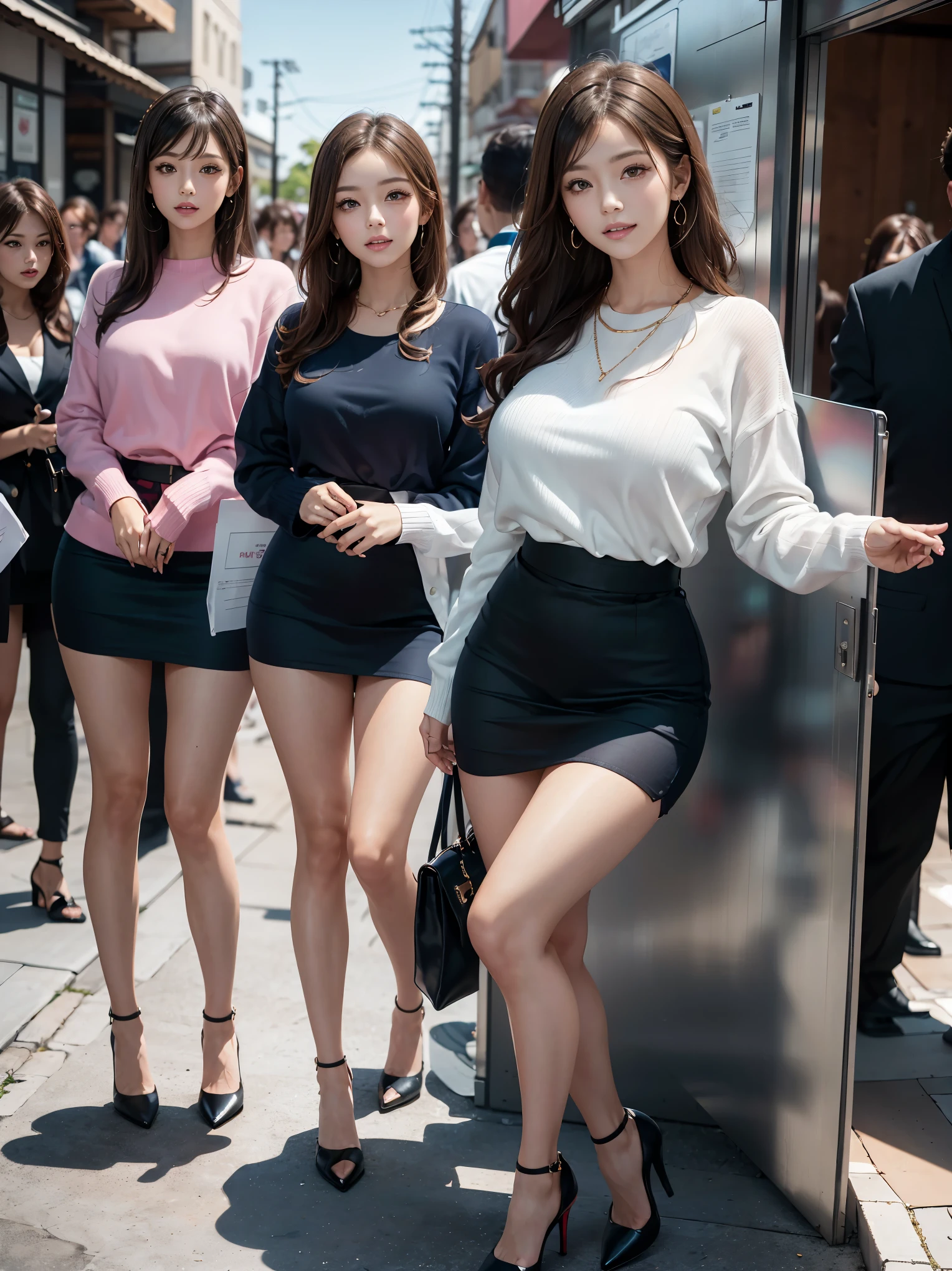 (Best Quality, Masterpiece, Photo realistic, Ultra Detailed, ultra high res, raw:1.3), (5 girls+, group shot:1.2), beautiful, Japanese, office workers,  (tight knit sweater, mini-skirt), ({gold| silver| wine red| blue| navy| pink} clothes:1.3), (smile), long hair, (bangs), high-waist, necklace, (at IT office), (tall, long legs, high heels, full body:1.2), (big breasts:1.3), (crowd)
