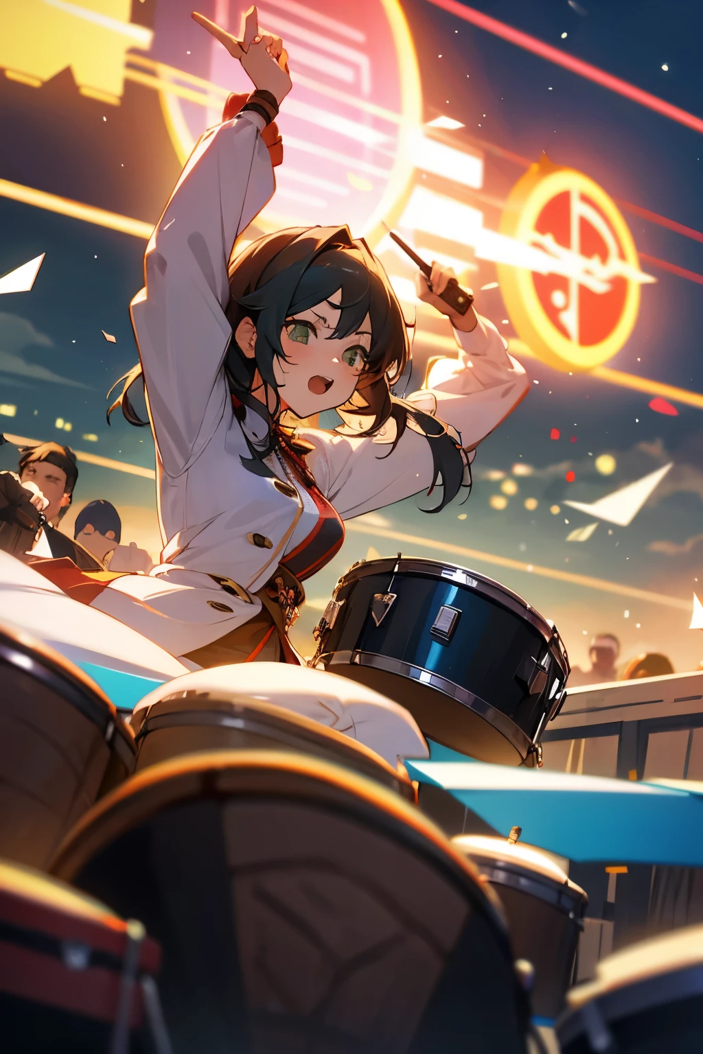 An anime-style woman in her 30s wearing rock-style costumes.、Playing a drum set at an outdoor music festival、High-quality, dynamic video that conveys a lively and moving performance。