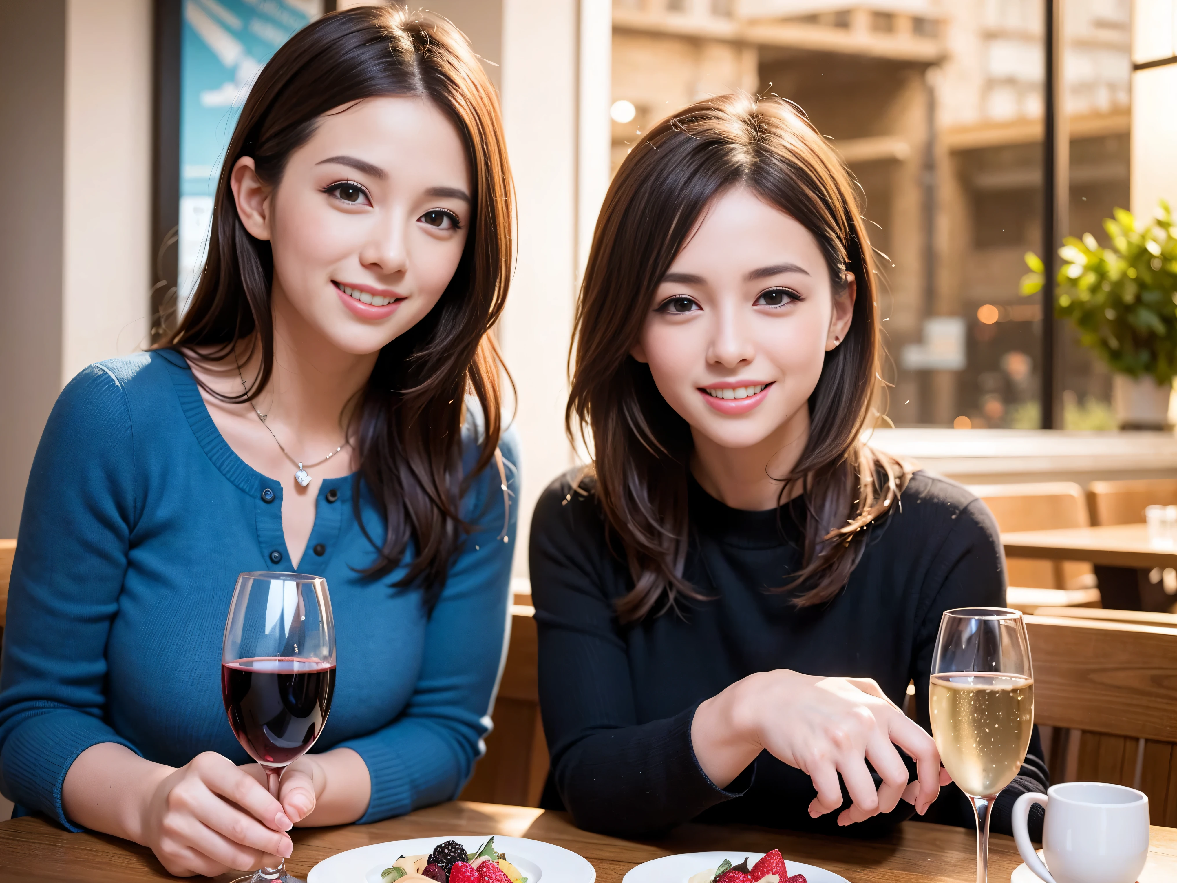 64k, UHD, highest quality, masterpiece: 1.2), (realistic, photorealistic: 1.37), Super detailed, slimな美女3名, (slimフェイス),Happy、 最高なsmile、Fox Face、Berry Short、(because I&#39;thin), (brown hair), (shortcut), long sleeve shirt、winter fashion、Colombia、Brazilian、Japanese、Dutch、German、Portuguese、Belgian、Italian、french,champagne、Sparkling wine、 (gush), (slimボティ), (brown hair), (shortcut), Neat beauty、cheeks blush a little, (35 years old), 38 years old, alone, A beautiful and detailed night view spreads out outside the window..., restaurant, wine glassが座っている, At night, in a prominent place (from the Upper body) nova frog style, actress, model, Upper body, White wine, slim, wine glass, very beautiful night view, wine glass Put in the Middle, Happy smile, (smile: 1.15), 