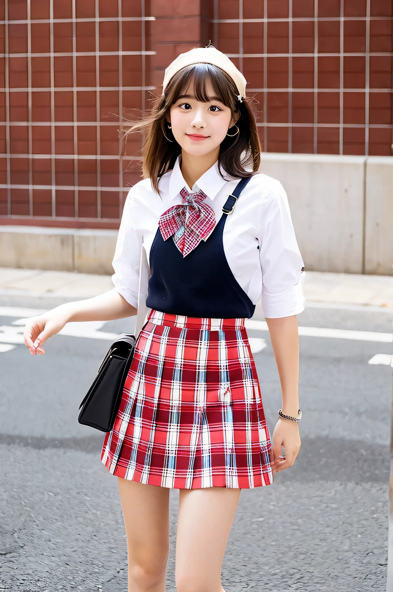 super mini skirt（red and white plaid）18 year old high school girl wearing a white shirt