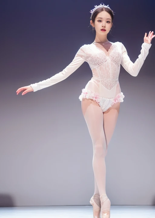 ballerina costume、Transparent、Take the stage、Posing、raise your hand、open chest、Nothing is worn inside、full body shot、A woman with the same face as last time(misaki),4K、1people's women、slender、 Loose wavy styling 、seductive and attractive,Including face and skin texture,detailed eyes、a seductive look