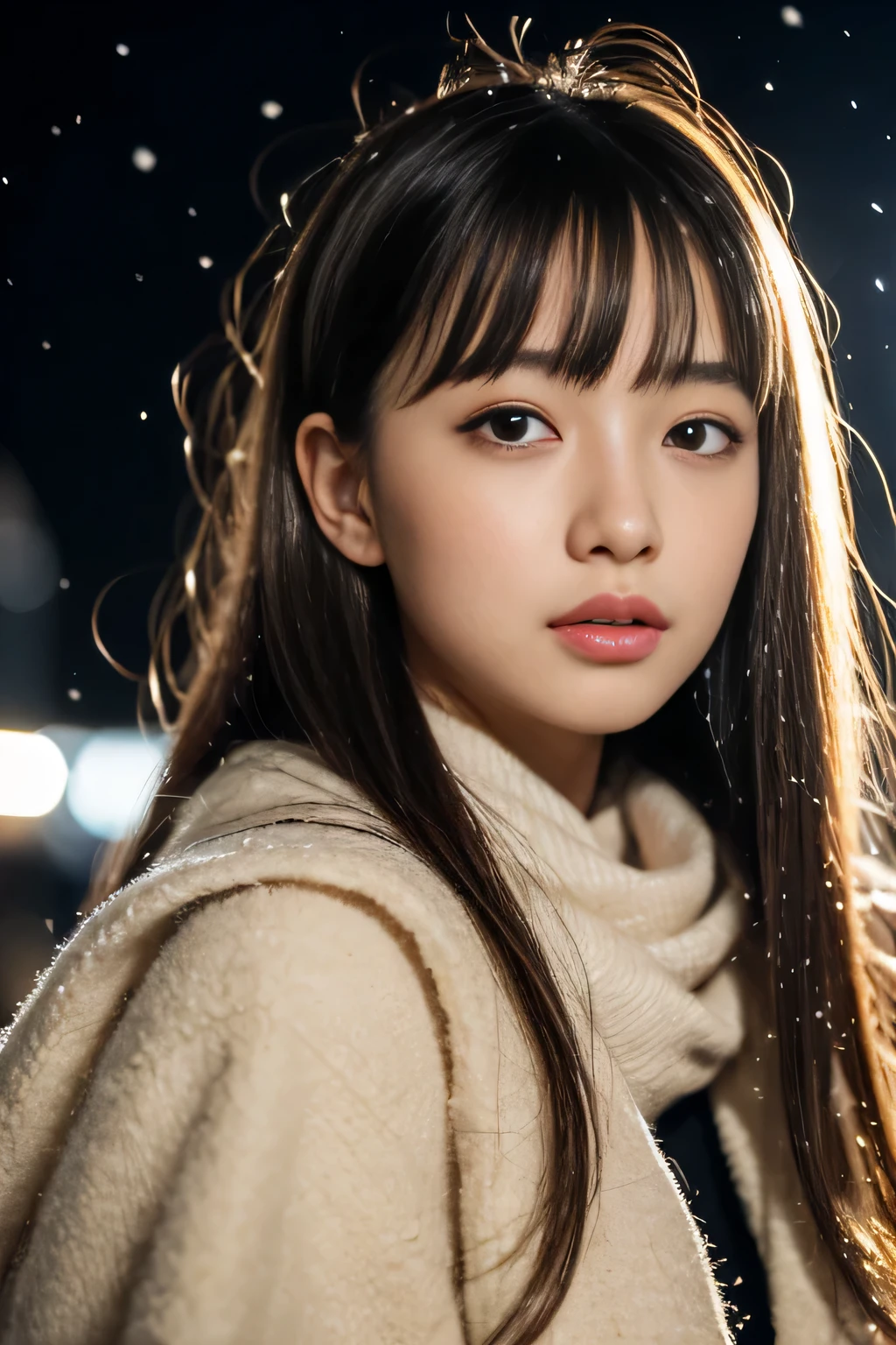 ((no makeup、close your mouth:1.2))、(realistic、Photoreal、Super detailed、best detailed skins、highest quality、masterpiece、ultra high resolution)、cute japanese woman、19 years old、high school girl、young girl、1 girl、have bangs、double eyelid、drooling eyes、Japanese style face、purity、double teeth、realistic肌タイプ、太いscarf、scarf、fluffy hair、((髪はscarfの内側にあります:1.3))、red cheeks、the wind is blowing、that'It's snowing、night、illumination、Light is coming in from behind