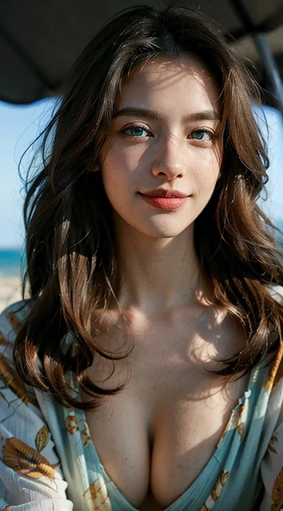(足を組んin座っている1.2)、ticker, (sharp focus:1.2), photo-realistic, portrait, intractive young woman, winding, Brown long hairs, cleavage、D cup, (beautiful face:1.2), (smile1.4)、blue eyes、bueeyes, fine eyes, luscious lips, (eye make up:1.2), wear (floral dress:1.2) in (beach:1.4). (Daytime lighting:1.2), Depth of bounds written, Bokeh, 4K, HDR. By (james c. Christensen:1.2|Jeremy Lipking:1.1). dynamic posing