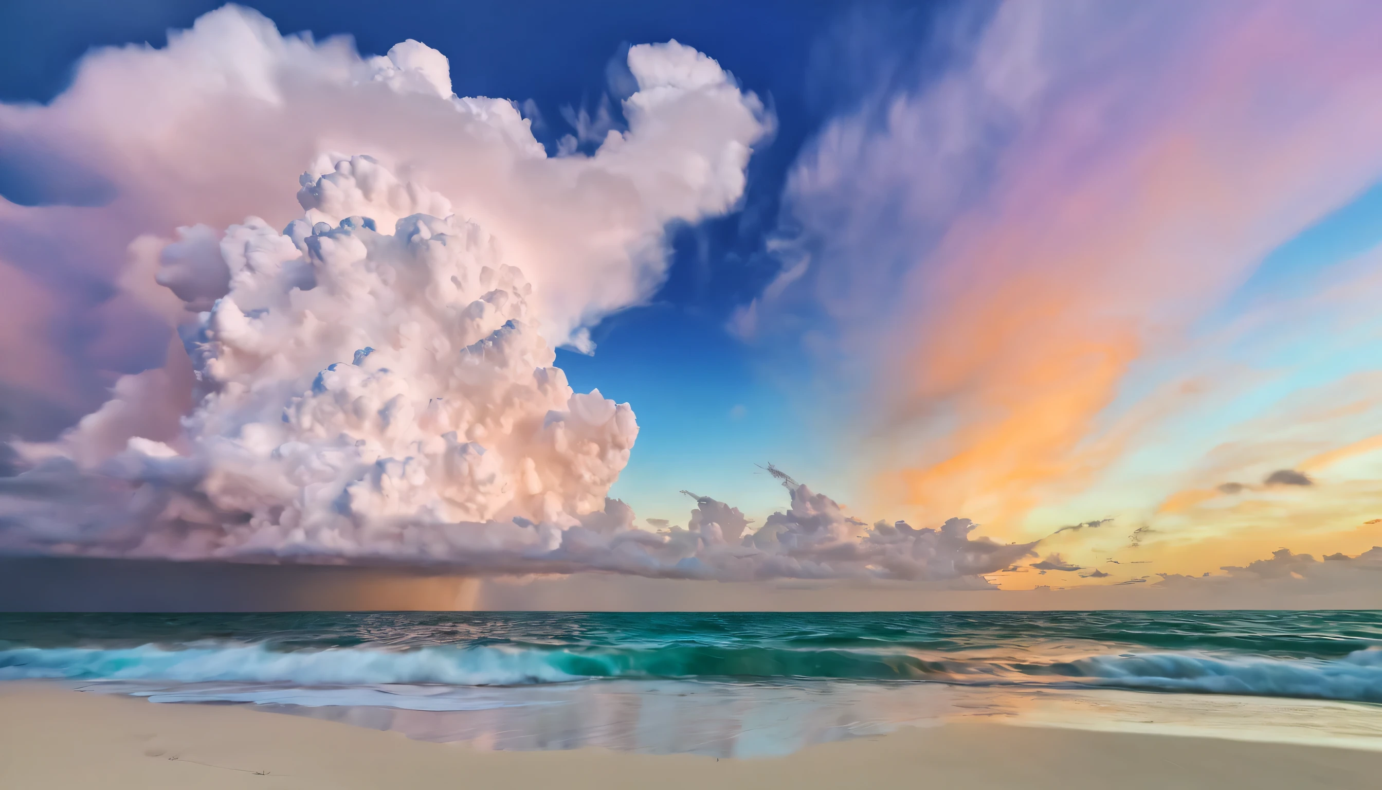 Colorful sky、Colorful clouds、((Cumulonimbus cloud))、blue sea、white sand beach、fantastic scenery、amazing amazing art、wallpaper、highest quality、best image quality、super resolution、masterpiece、